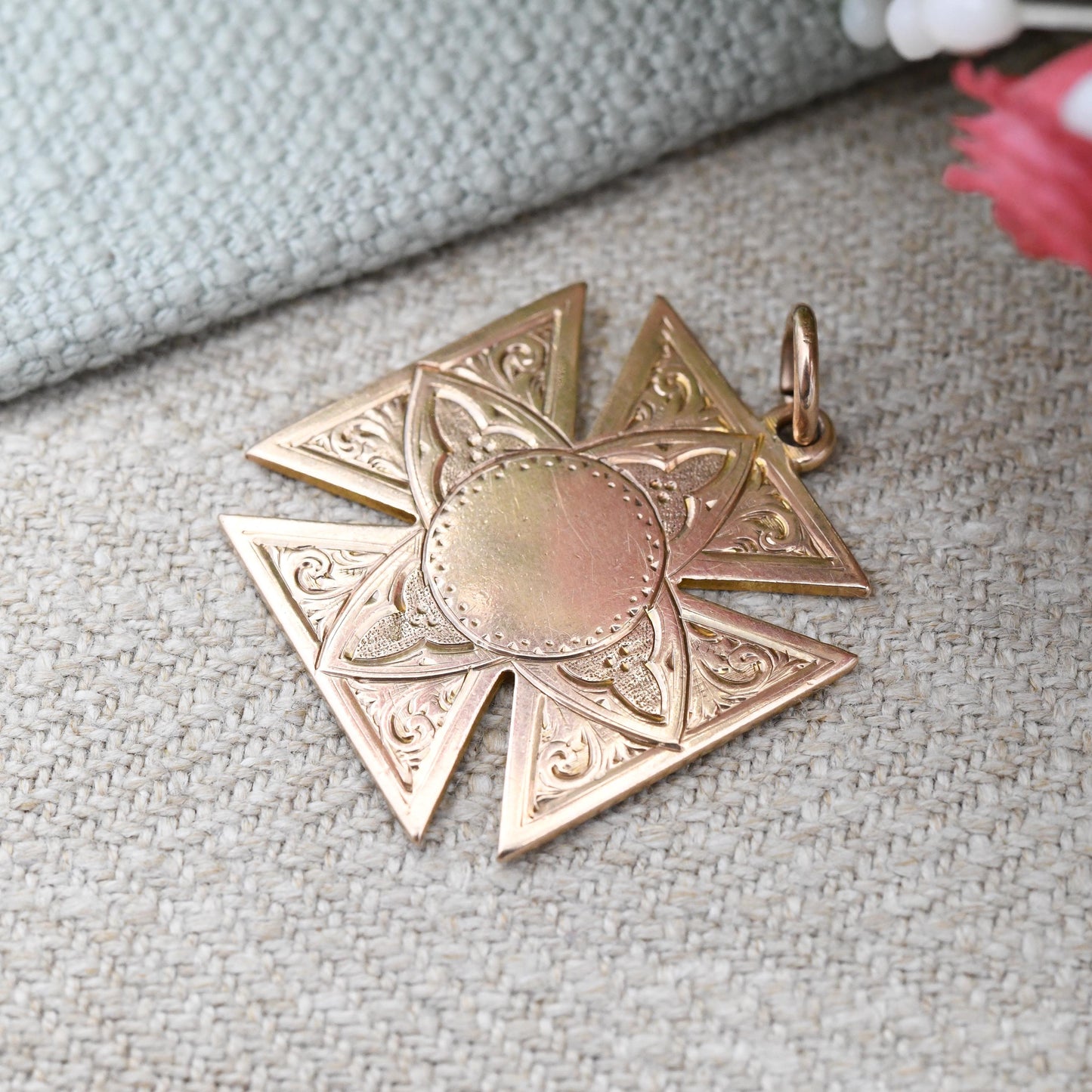 Antique 9ct Gold Square Cross Fob 1918 Scrolling Engraved - Solid Gold Maltese Cross Watch Fob Pendant | Blank for Engraving | Rose Gold