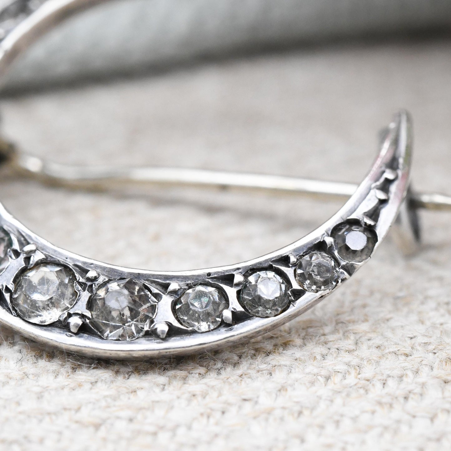 Antique Victorian Sterling Silver Paste Crescent Moon Brooch - Clear Crystal Stones | Unisex Statement Celestial Jewellery Gift for Her