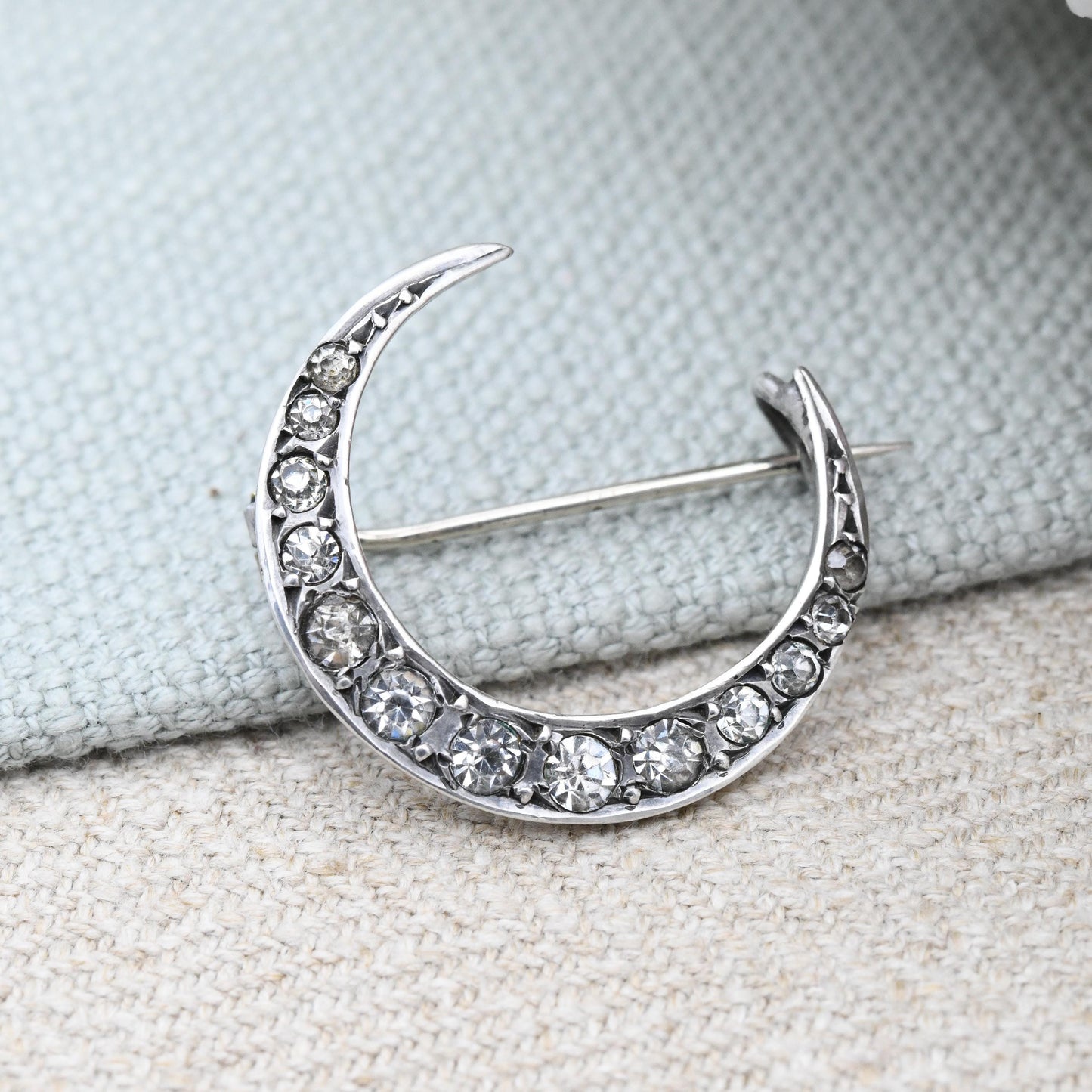 Antique Victorian Sterling Silver Paste Crescent Moon Brooch - Clear Crystal Stones | Unisex Statement Celestial Jewellery Gift for Her