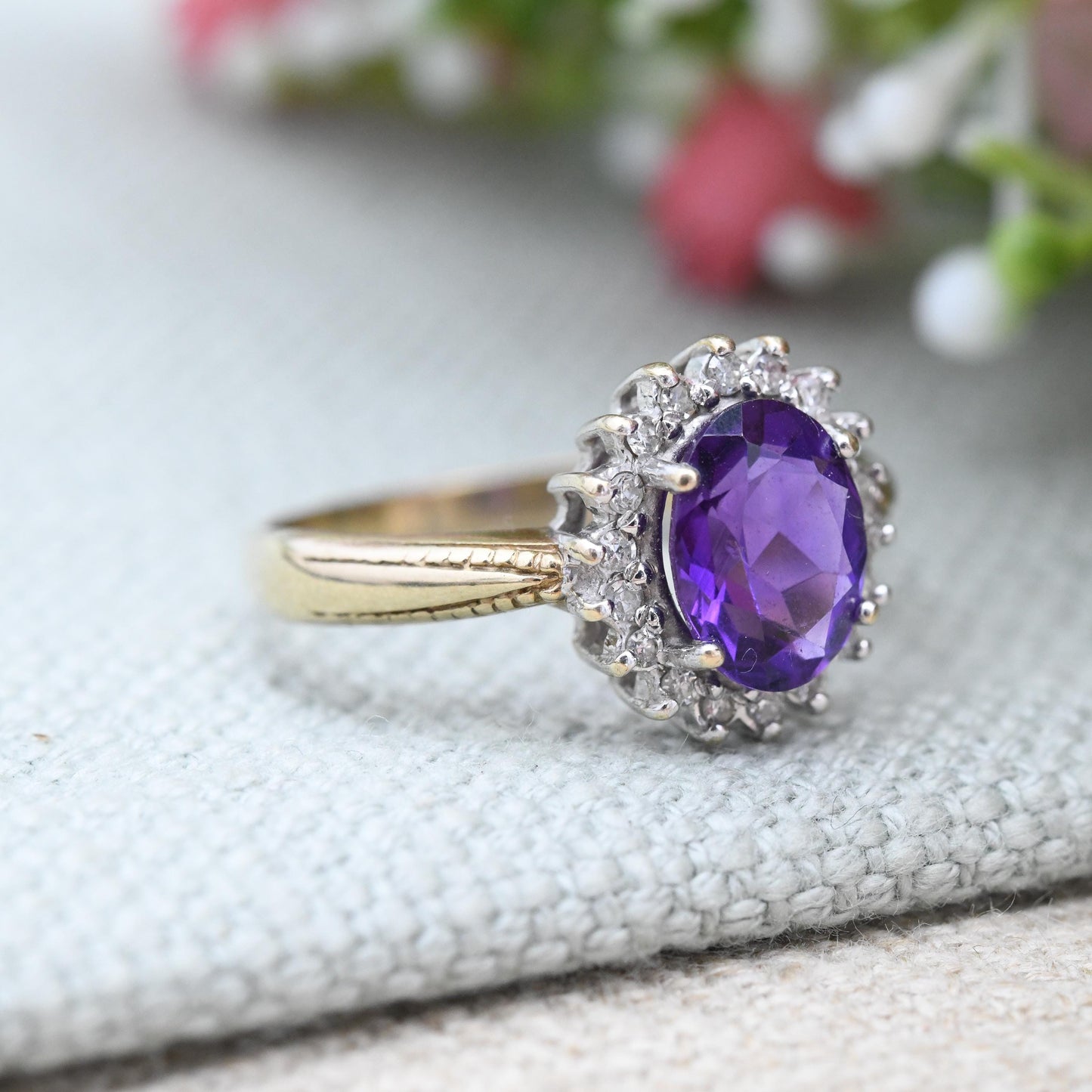 Vintage 9ct Gold Amethyst Diamond Cluster Ring .15 Carats - 15 Point Diamond Halo Deep Purple Gemstone | UK Size - Q 1/2 | US Size - 8 1/2