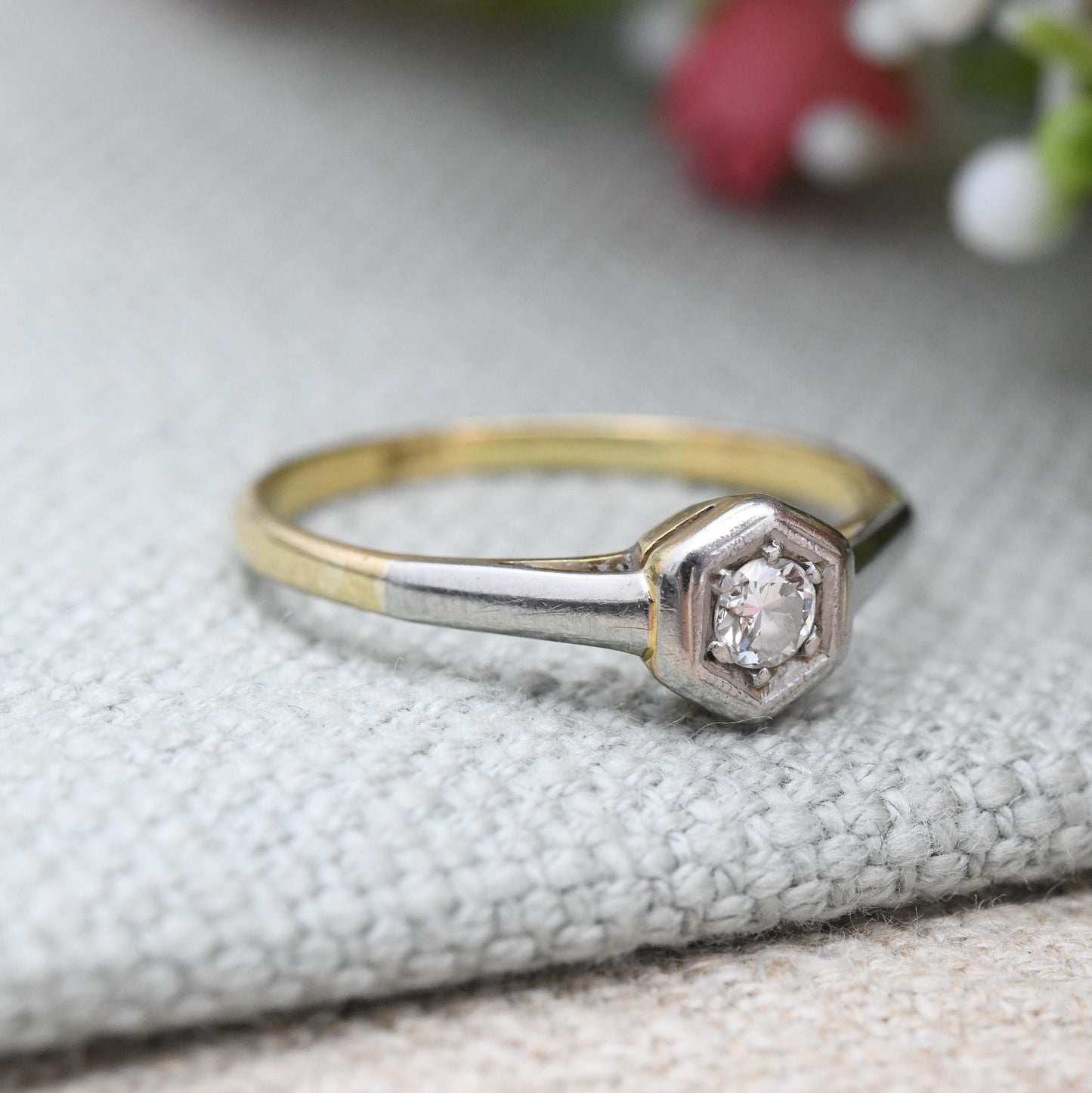 Vintage 18ct Gold Diamond Solitaire Ring - Vintage Art Deco Engagement Ring Hexagonal Shape White Front | UK Size - Q | US Size - 8