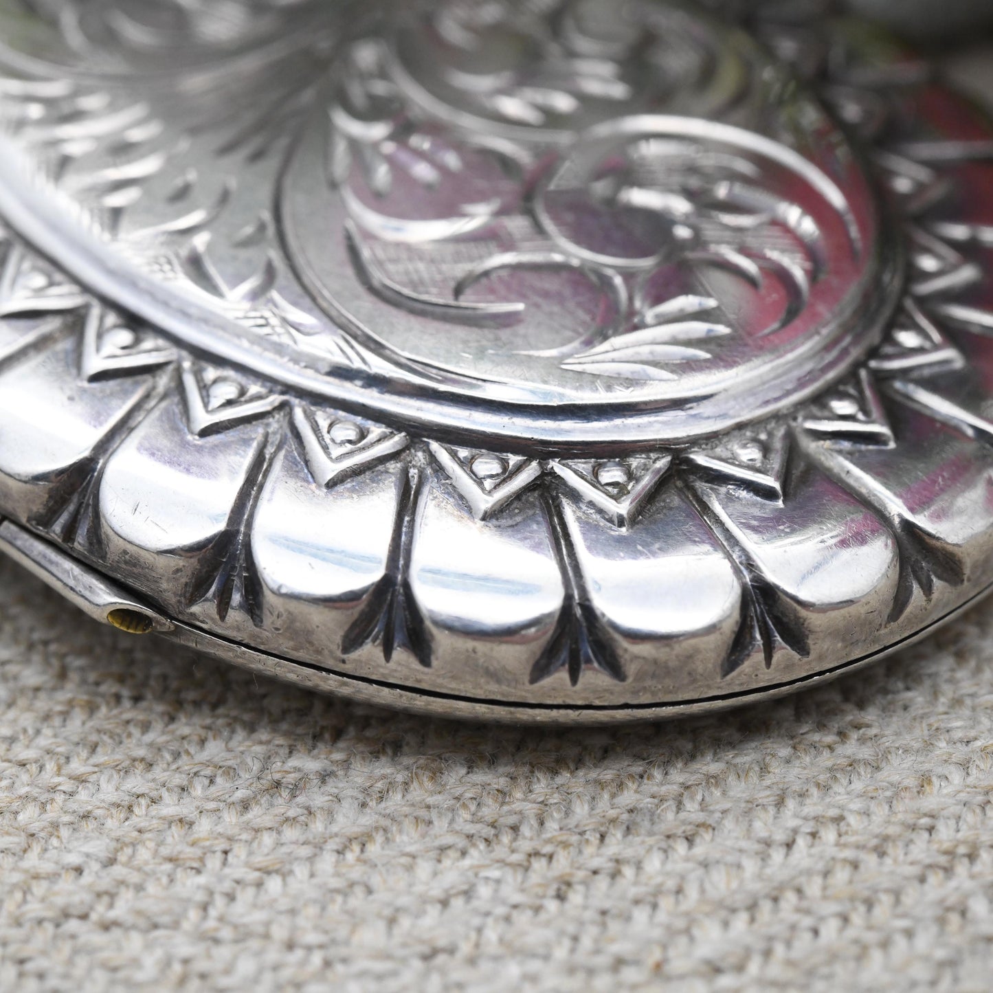 Vintage Sterling Silver Locket Pendant with Engraved Scrolling Design 1974 by Joseph Smith & Sons - Chunky Large Oval Locket Victorian Style