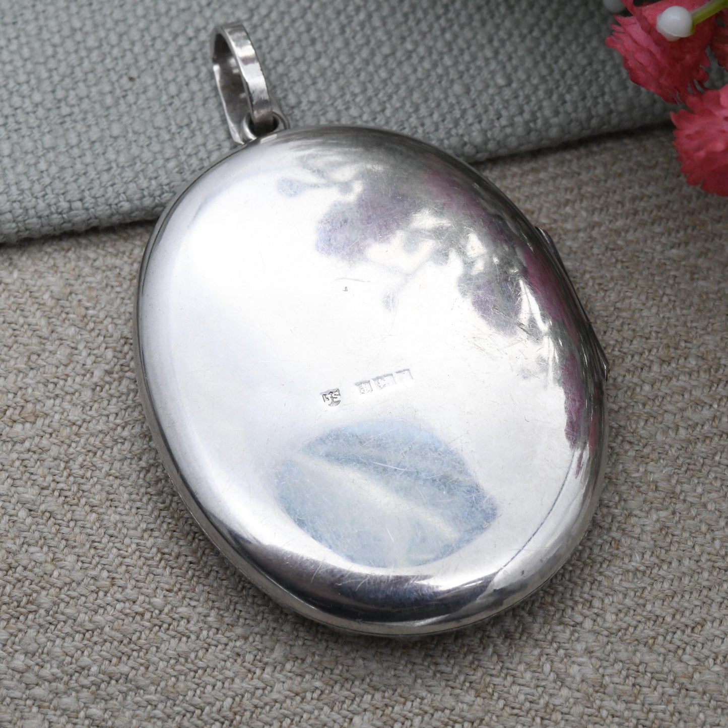 Vintage Sterling Silver Locket Pendant with Engraved Scrolling Design 1974 by Joseph Smith & Sons - Chunky Large Oval Locket Victorian Style
