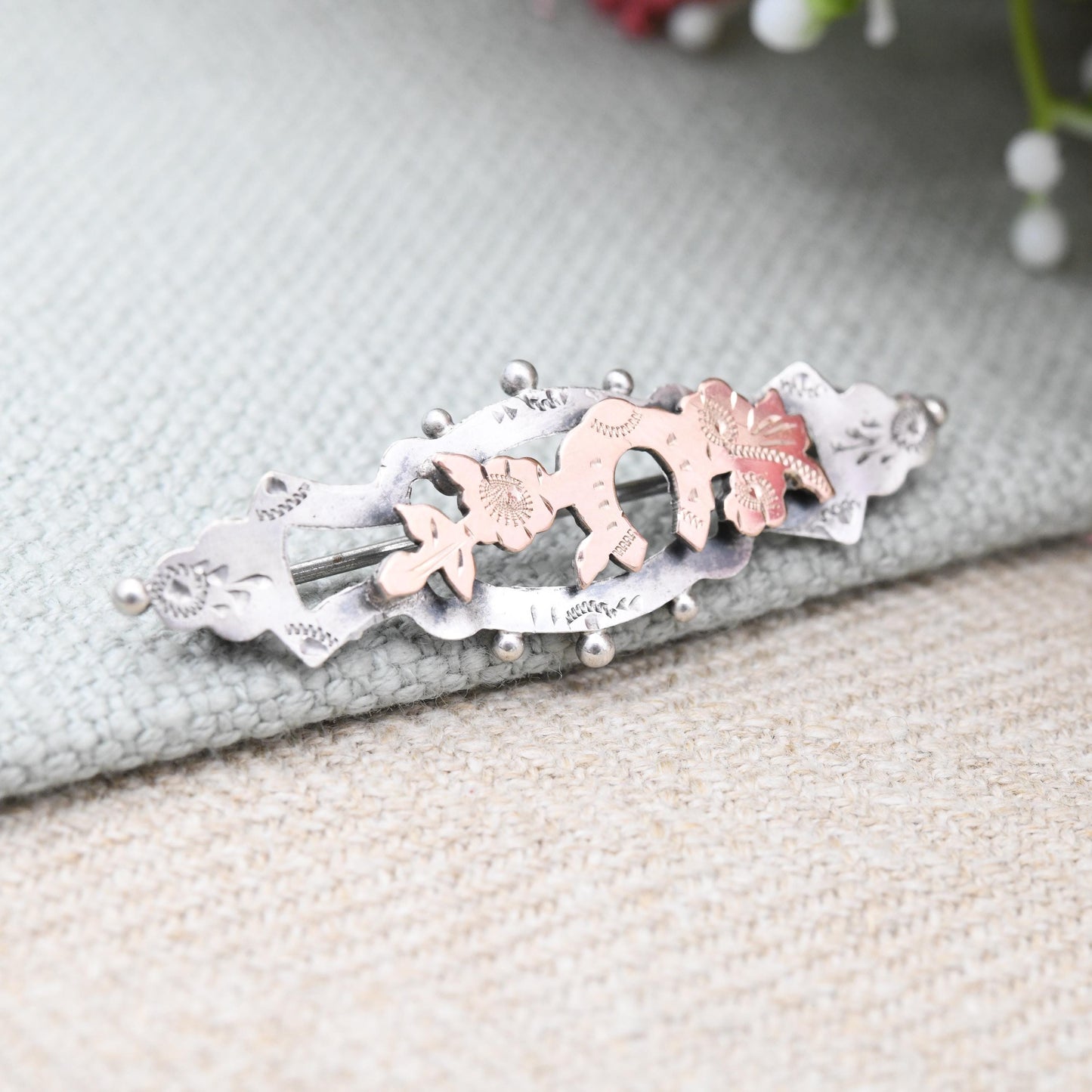 Antique Victorian Sterling Silver Lucky Horseshoe Aesthetic Movement Brooch with Rose Gold Front - Engraved Flowers Design Nature Brooch