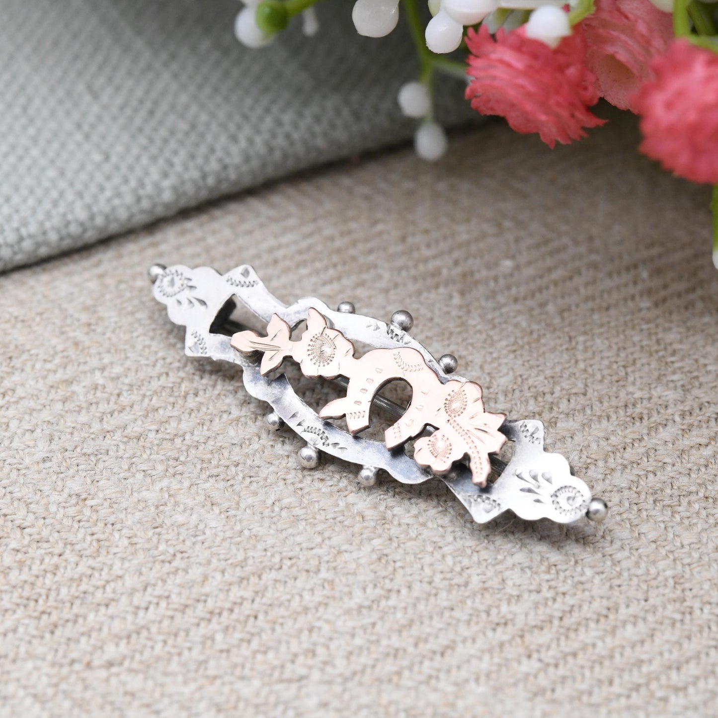 Antique Victorian Sterling Silver Lucky Horseshoe Aesthetic Movement Brooch with Rose Gold Front - Engraved Flowers Design Nature Brooch