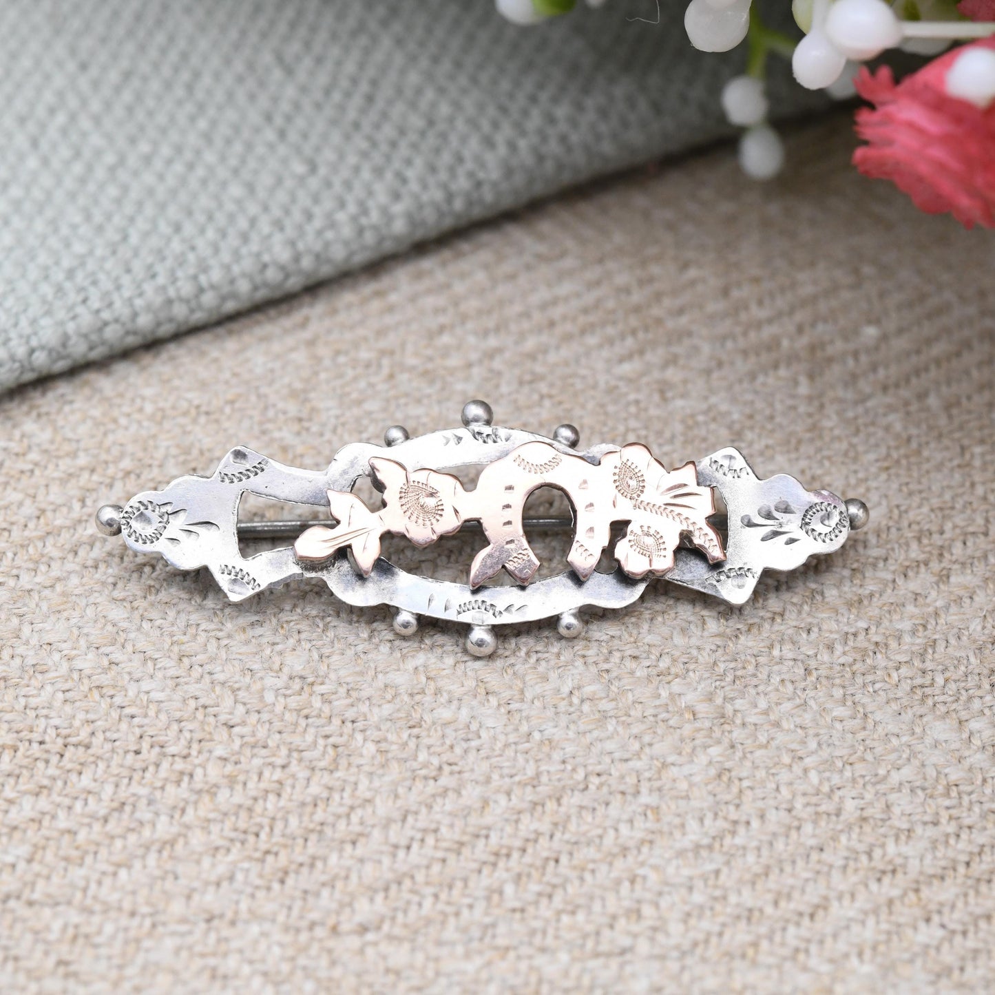 Antique Victorian Sterling Silver Lucky Horseshoe Aesthetic Movement Brooch with Rose Gold Front - Engraved Flowers Design Nature Brooch