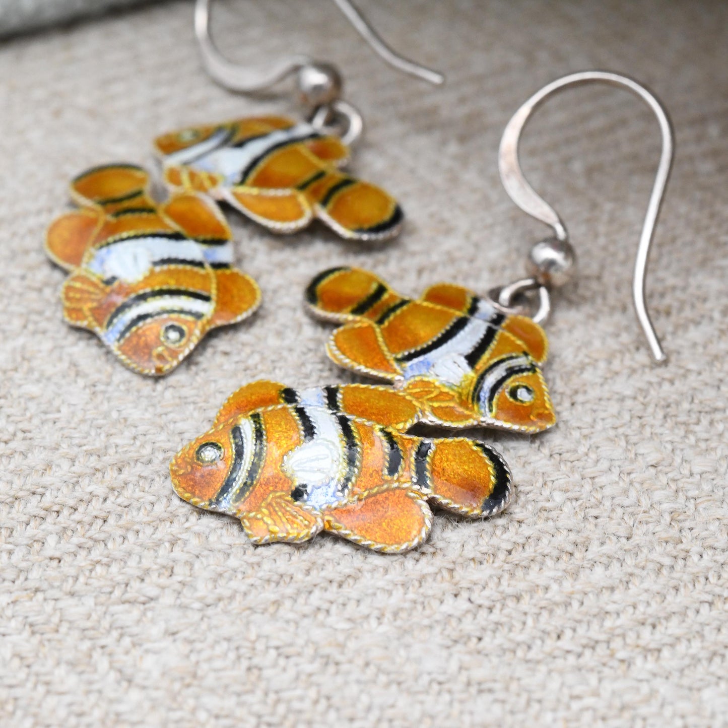 Vintage Sterling Silver Enamel Fish Drop Earrings - Clown Fish Orange and White Enamel | Scandinavian Silver Jewellery Unusual Gift for Her
