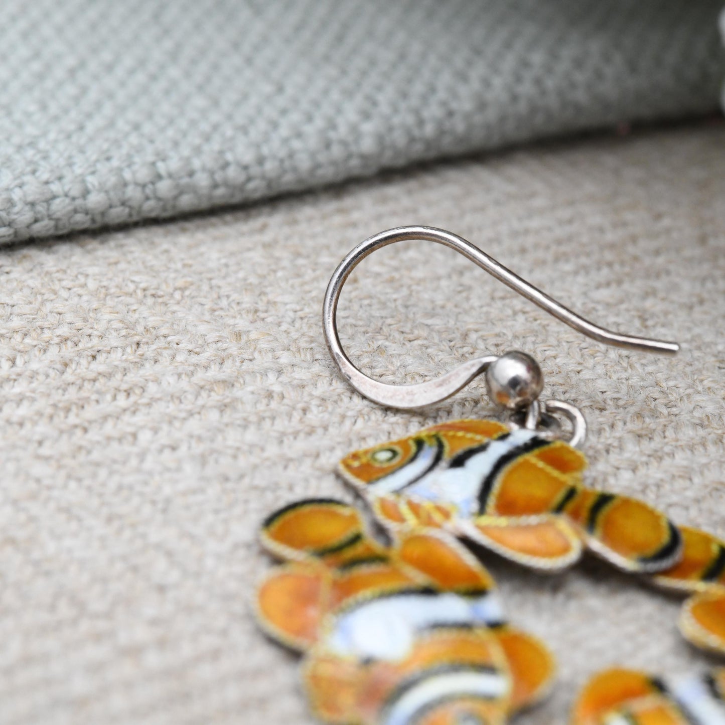 Vintage Sterling Silver Enamel Fish Drop Earrings - Clown Fish Orange and White Enamel | Scandinavian Silver Jewellery Unusual Gift for Her