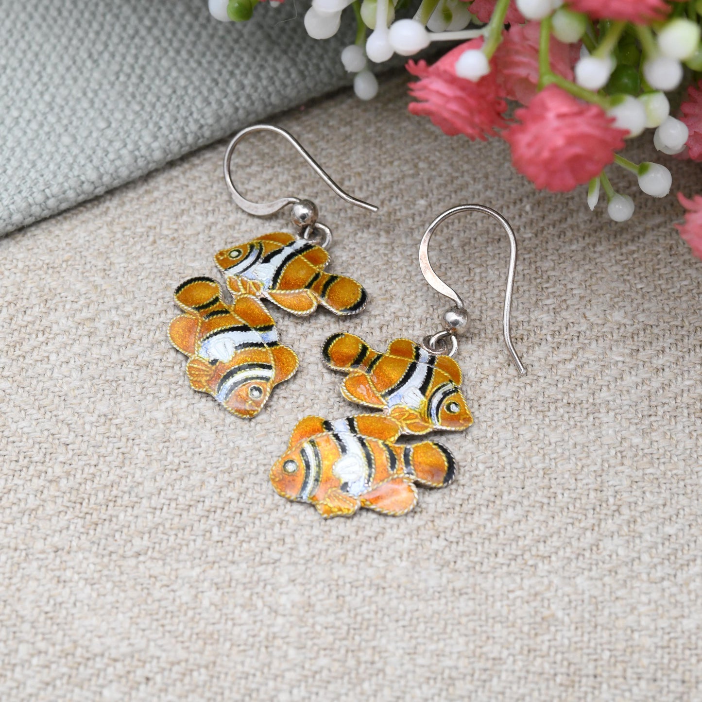 Vintage Sterling Silver Enamel Fish Drop Earrings - Clown Fish Orange and White Enamel | Scandinavian Silver Jewellery Unusual Gift for Her