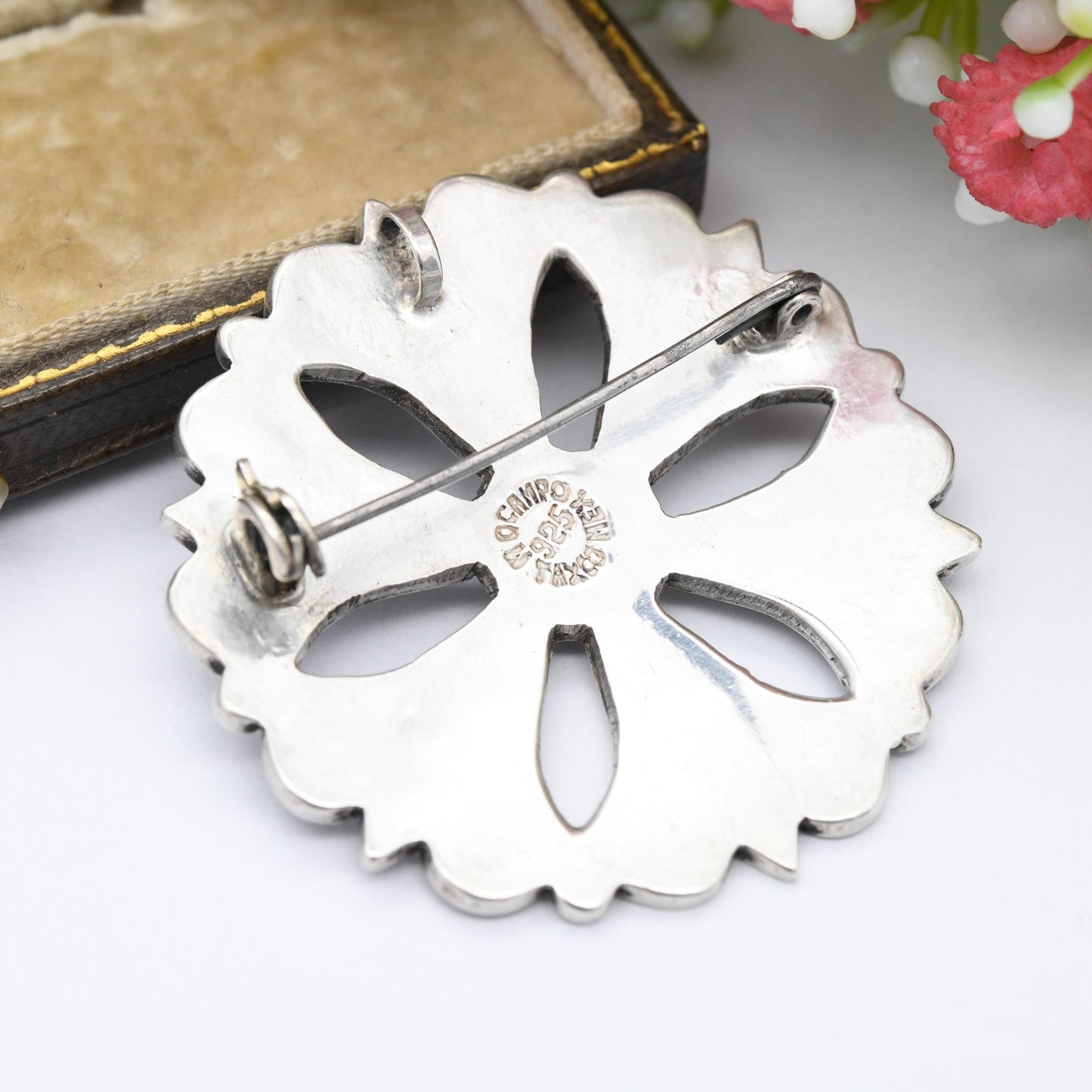 Vintage Mexican Sterling Silver Stone Inlay Pendant Brooch M Ocampo - Taxco Designer Silver Jewellery Pretty Gift for Mum Two Tone Gemstone