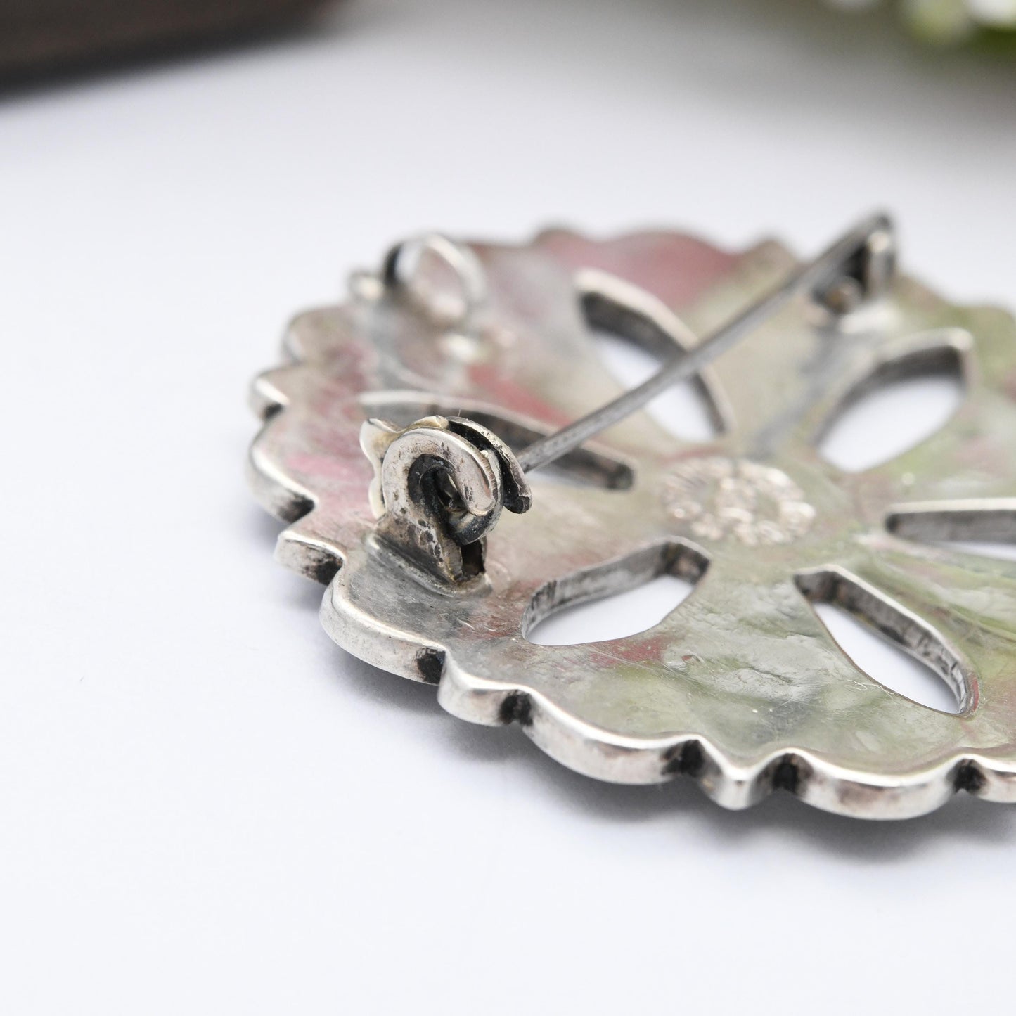 Vintage Mexican Sterling Silver Stone Inlay Pendant Brooch M Ocampo - Taxco Designer Silver Jewellery Pretty Gift for Mum Two Tone Gemstone
