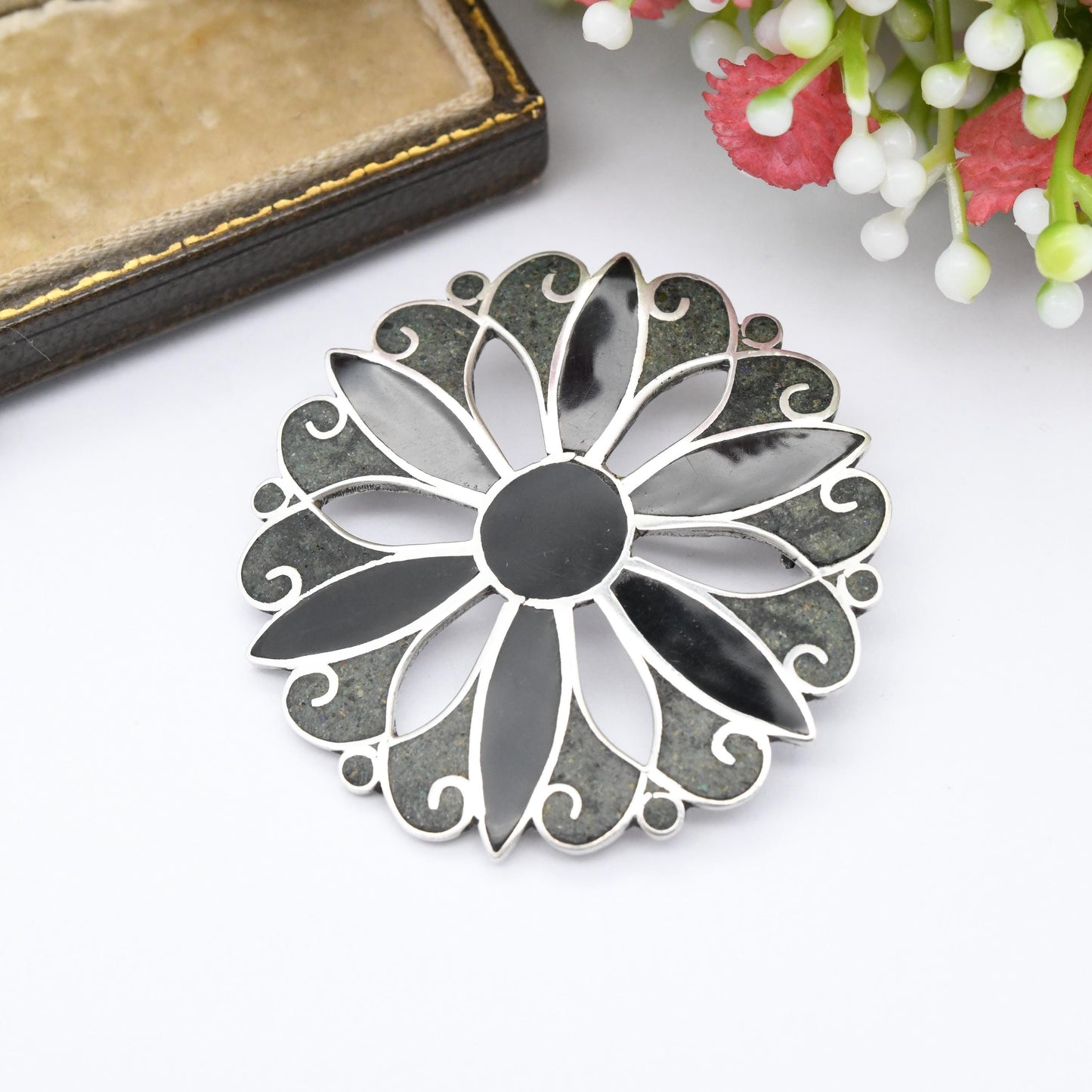 Vintage Mexican Sterling Silver Stone Inlay Pendant Brooch M Ocampo - Taxco Designer Silver Jewellery Pretty Gift for Mum Two Tone Gemstone