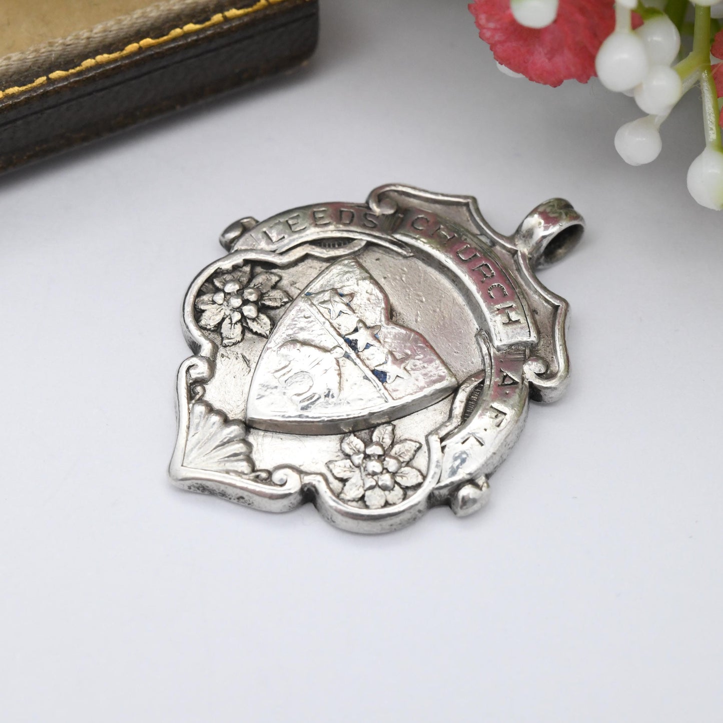 Antique Fattorini Sterling Silver Leeds Church Watch Fob Pendant 1904 Bradford - Leeds Coat of Arms Flag Sheep Golden Fleece Souvenir Gift