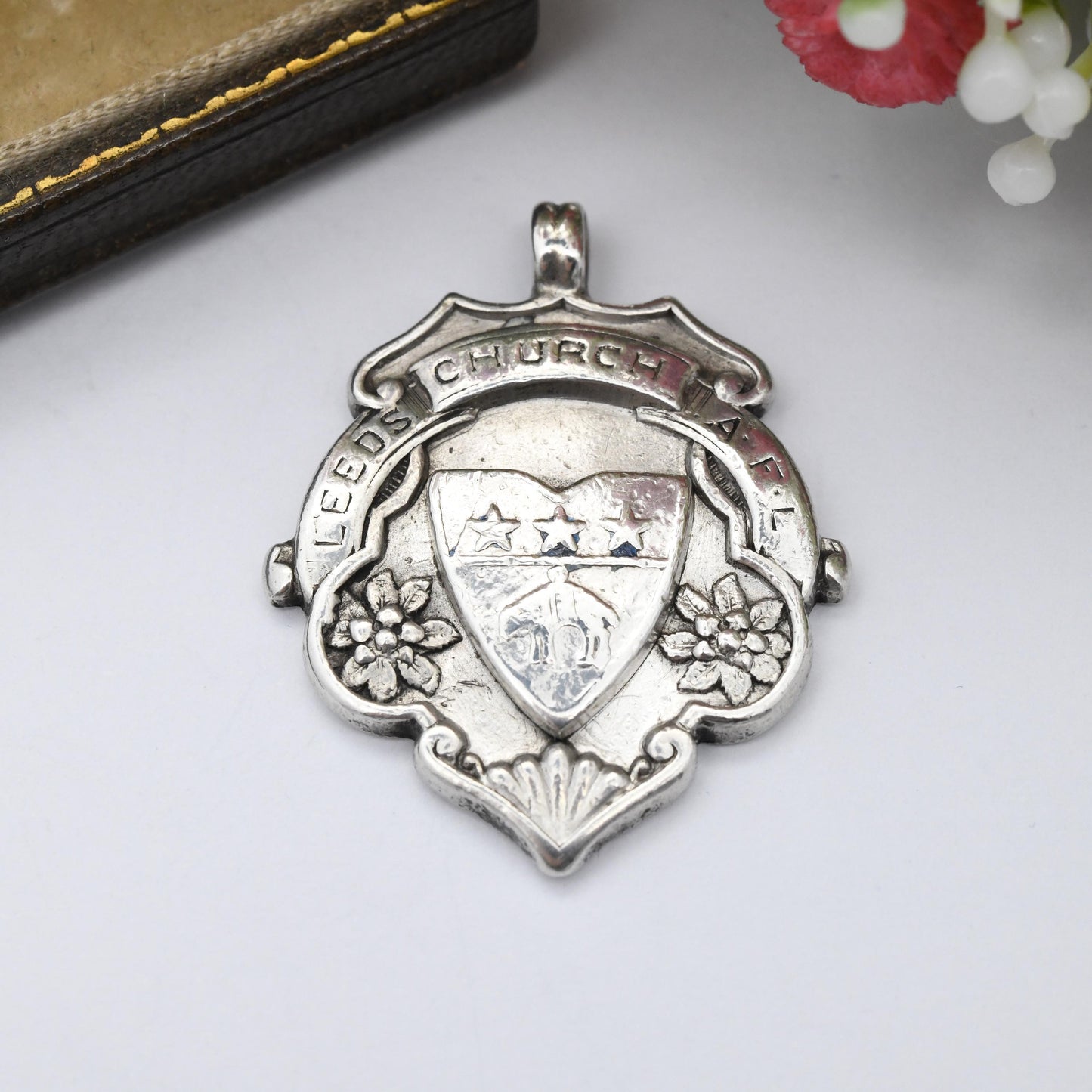 Antique Fattorini Sterling Silver Leeds Church Watch Fob Pendant 1904 Bradford - Leeds Coat of Arms Flag Sheep Golden Fleece Souvenir Gift