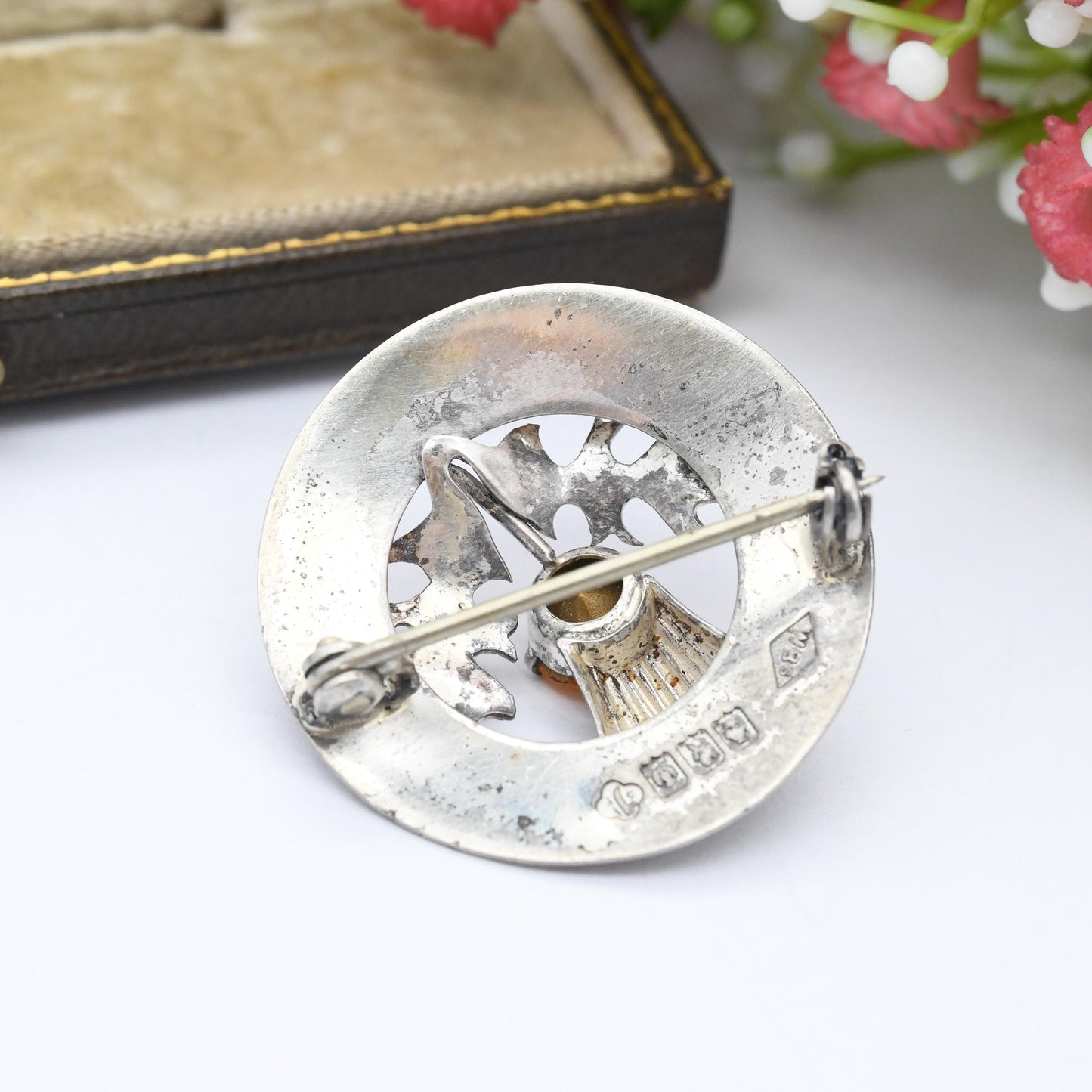 Vintage Ward Brothers Sterling Silver Scottish Thistle Brooch 1957 - Orange Paste Stone Thistle with Engraved Circle Border Glasgow Hallmark