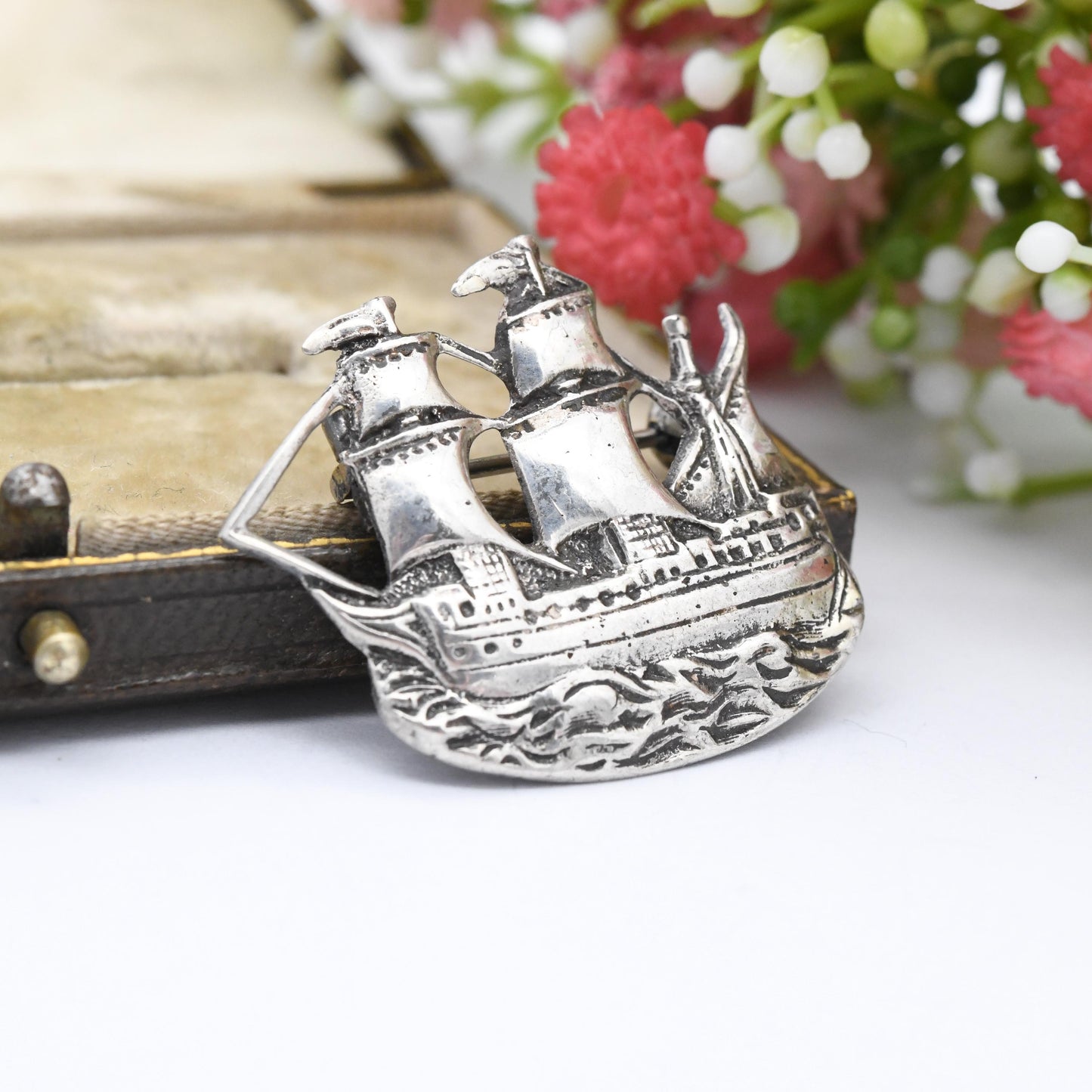Vintage Mayflower Sterling Silver Ship Brooch 1955 Chester Hallmarks - Figural Sailing Ship | Pilgrims United States Historical Souvenir