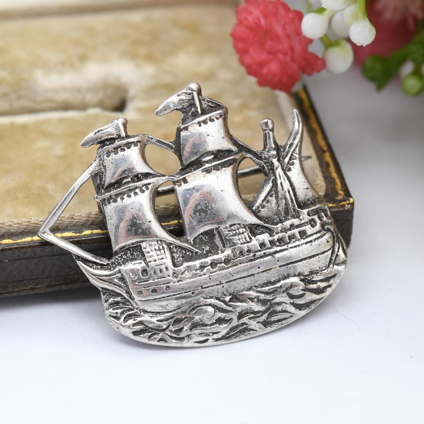 Vintage Mayflower Sterling Silver Ship Brooch 1955 Chester Hallmarks - Figural Sailing Ship | Pilgrims United States Historical Souvenir