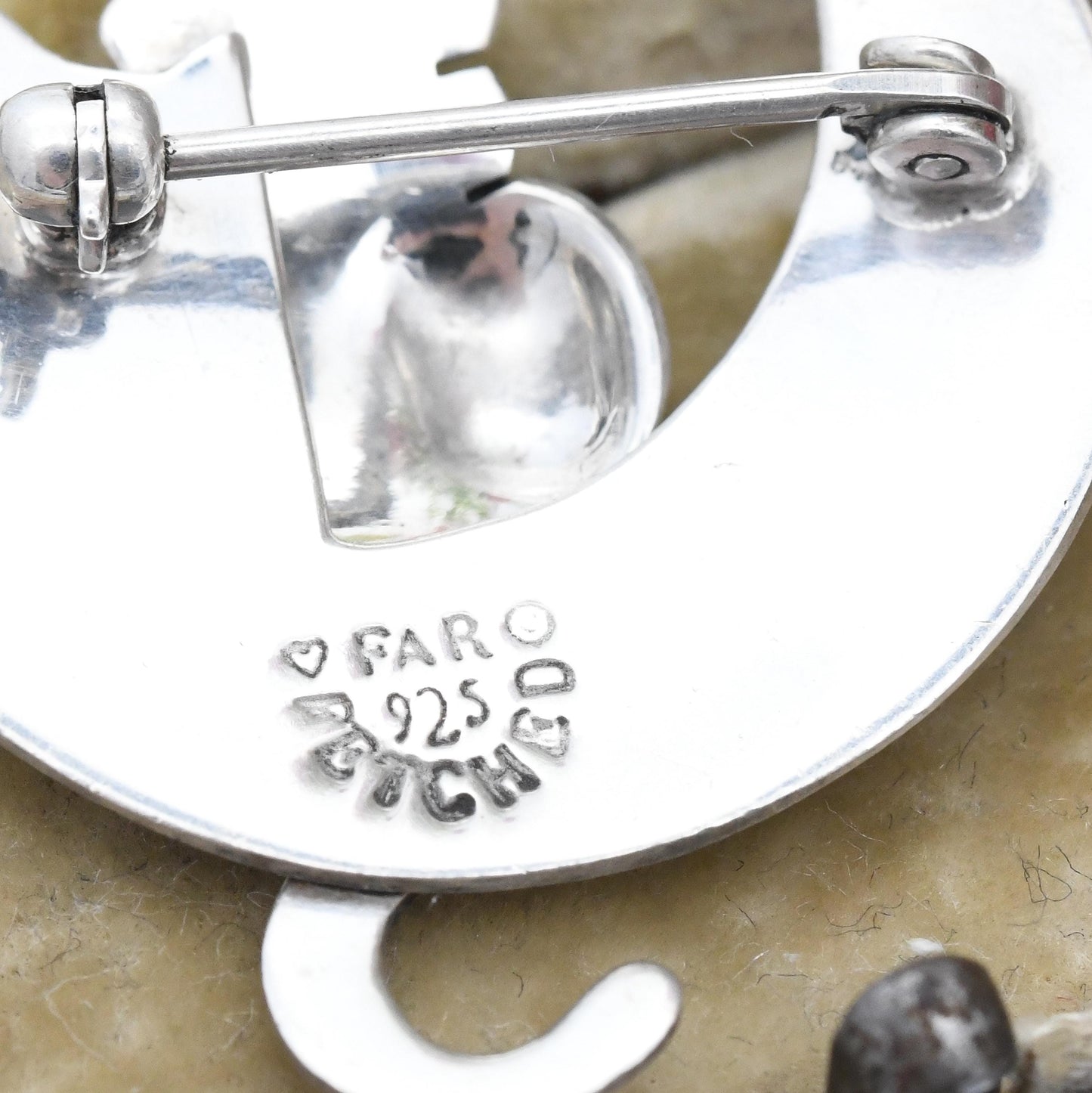 Vintage Sterling Silver Cat on a Crescent Moon Brooch by Far Fetched - Mexico Minimalist Modernist Designer | Silhouette Moon Animal Brooch
