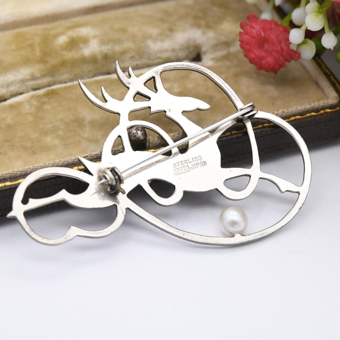 Vintage Amita Sterling Silver Stag Brooch Japanese Designer - Leaping Deer Cut Enamel Cultured Pearl Stylised Animal Jewellery Made in Japan