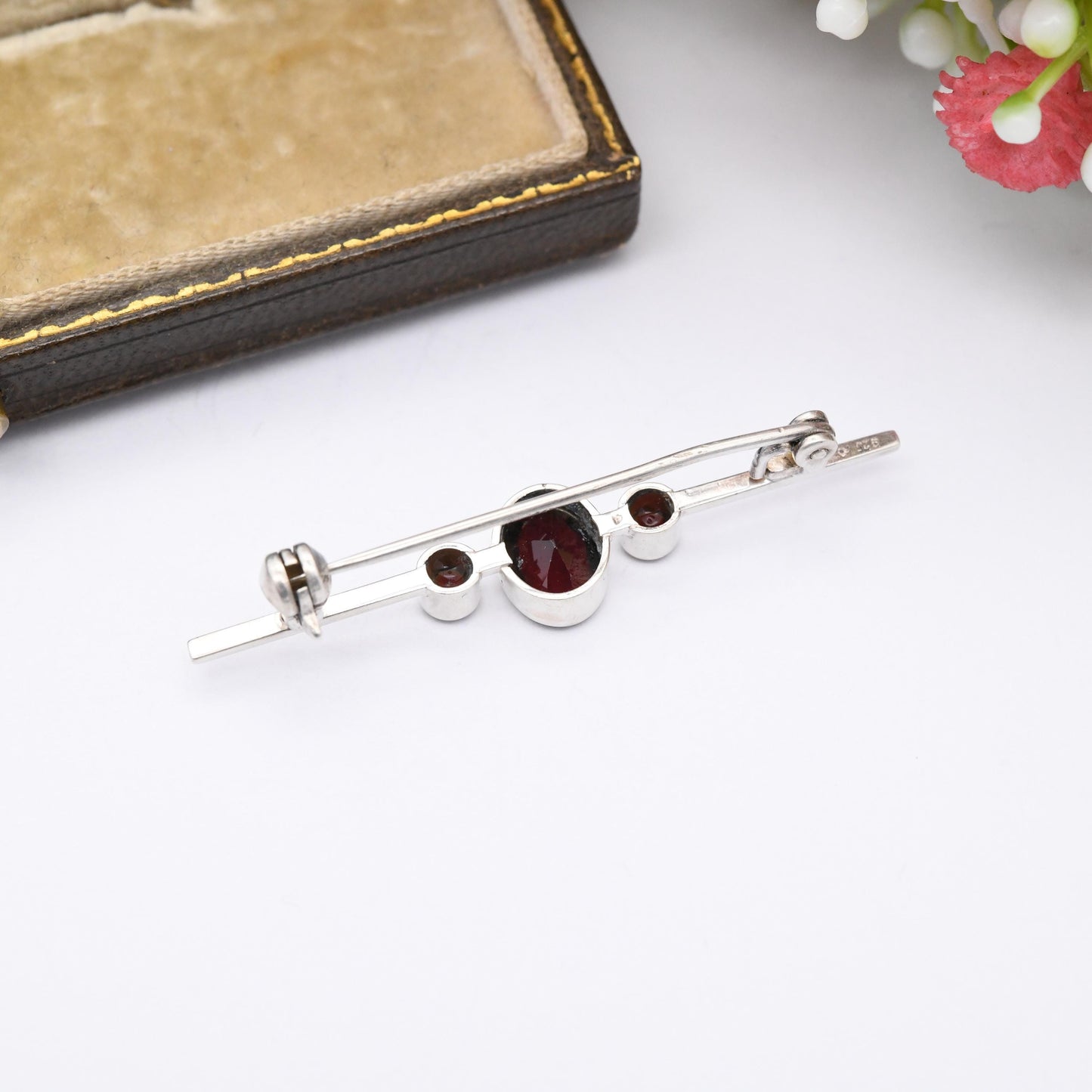 Vintage Sterling Silver Garnet Bar Brooch Three Stone - Understated Trilogy Set with Minimal Design | Faceted Red Gemstone Jewellery Gift