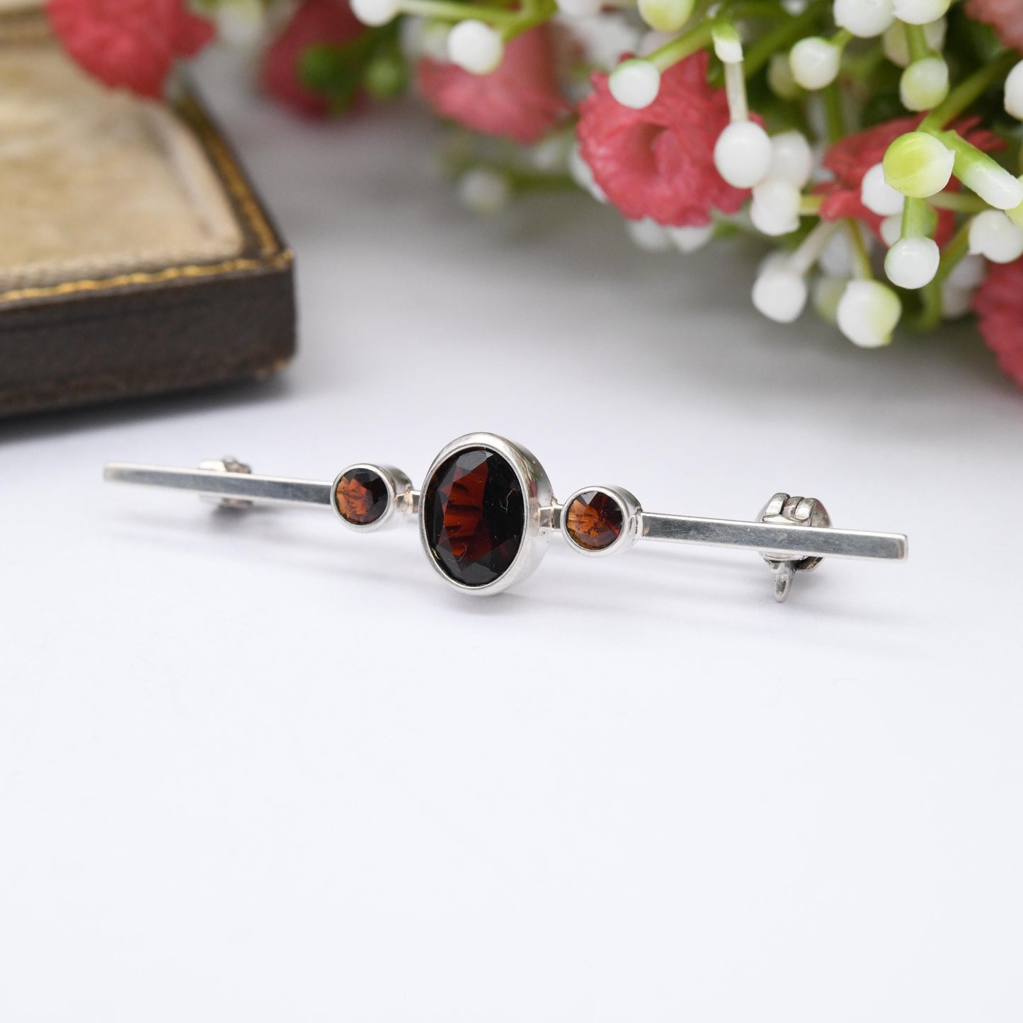 Vintage Sterling Silver Garnet Bar Brooch Three Stone - Understated Trilogy Set with Minimal Design | Faceted Red Gemstone Jewellery Gift