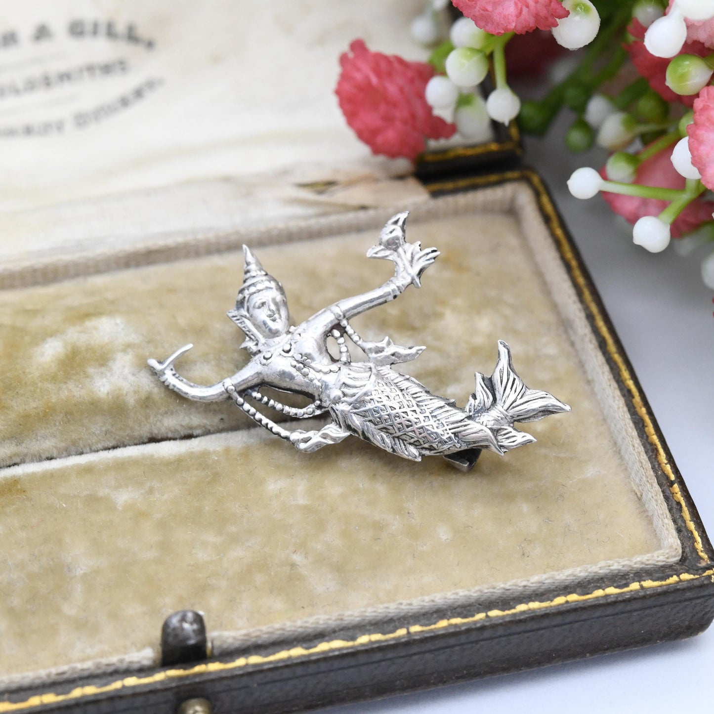 Vintage Sterling Silver Siam Matcha Brooch Suvannamaccha - Mermaid Queen Ornate Statement Jewellery Pressed Silver | Made in Thailand
