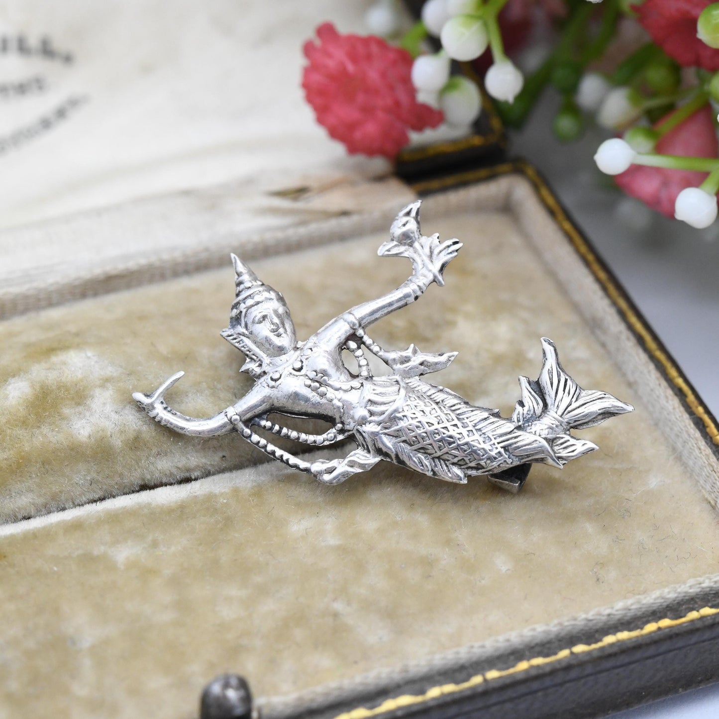 Vintage Sterling Silver Siam Matcha Brooch Suvannamaccha - Mermaid Queen Ornate Statement Jewellery Pressed Silver | Made in Thailand