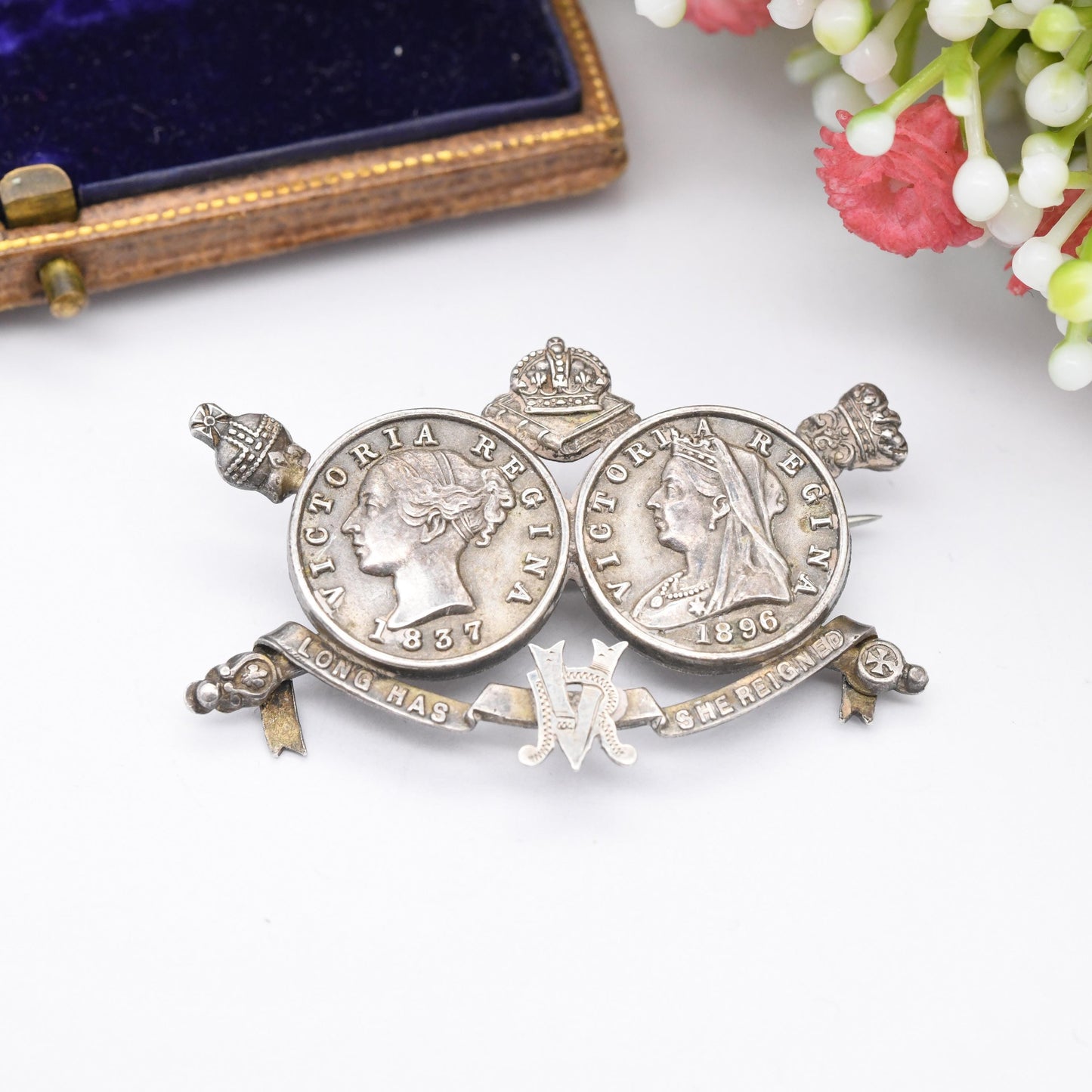 Antique Victoria Diamond Jubilee Sterling Silver Brooch 1837 1896 Longest Reigning - Young Head Old Head Medal Souvenir Long Has She Reigned