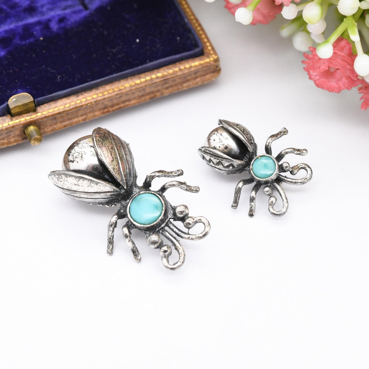 Vintage Maisel's Indian Trading Post Sterling Silver Turquoise Bug Brooches - New Mexico Signed Insect Jewellery Matching Pair in Two Sizes