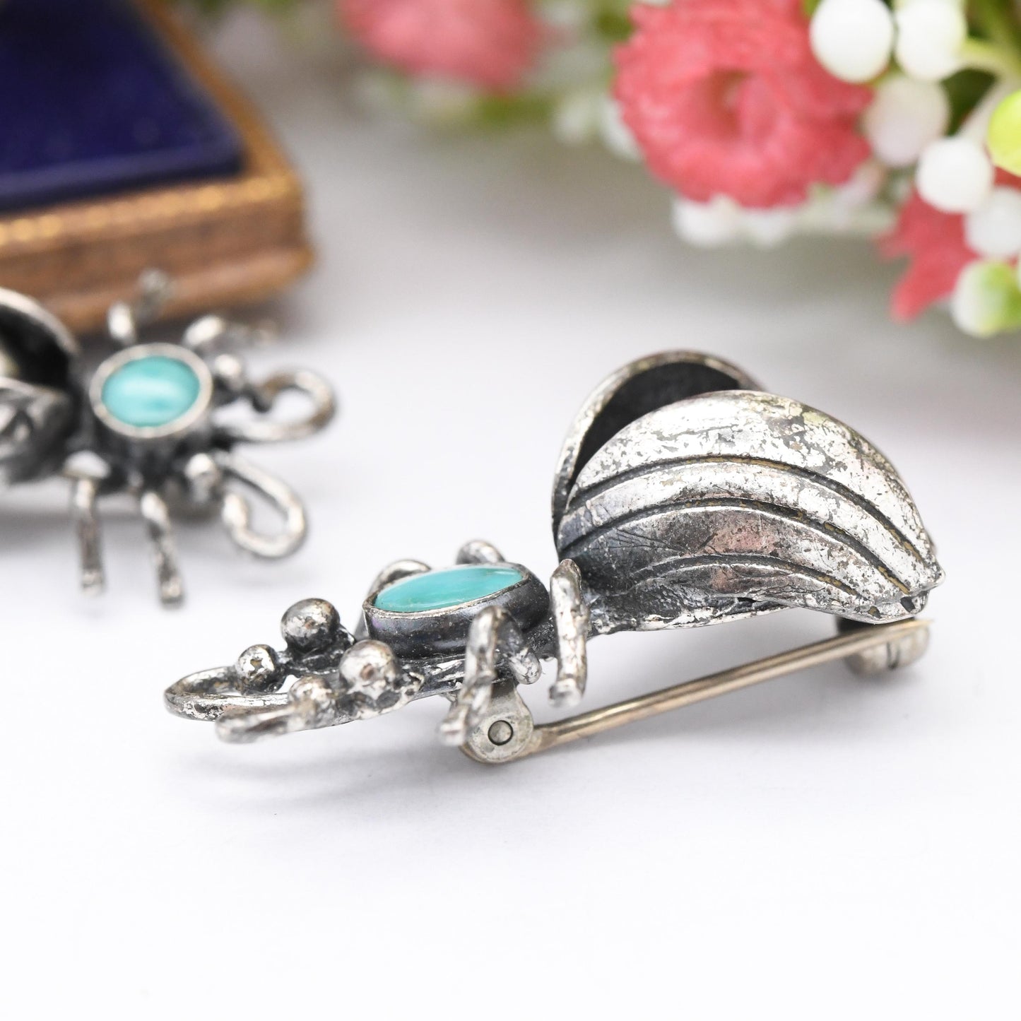 Vintage Maisel's Indian Trading Post Sterling Silver Turquoise Bug Brooches - New Mexico Signed Insect Jewellery Matching Pair in Two Sizes