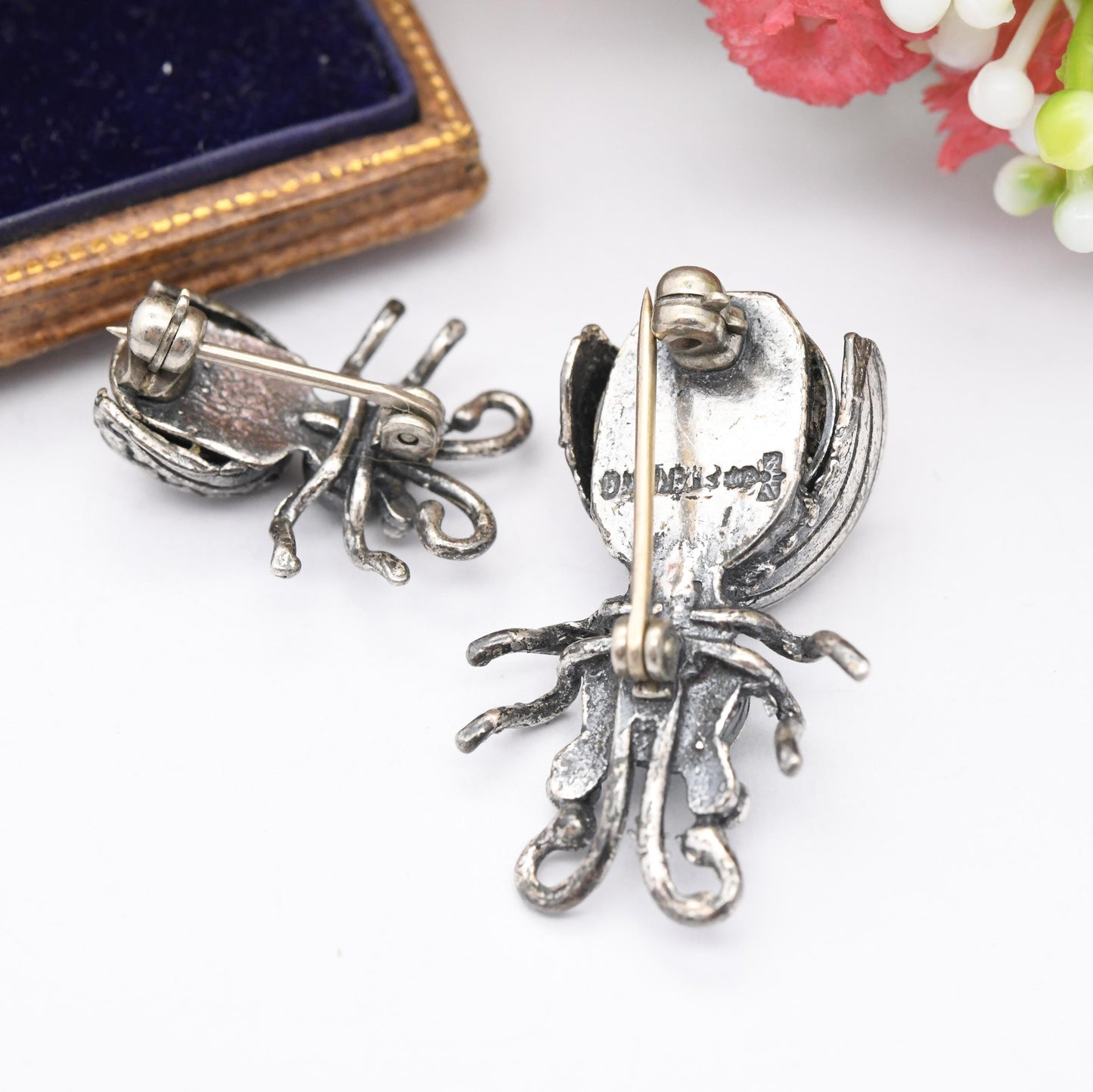 Vintage Maisel's Indian Trading Post Sterling Silver Turquoise Bug Brooches - New Mexico Signed Insect Jewellery Matching Pair in Two Sizes
