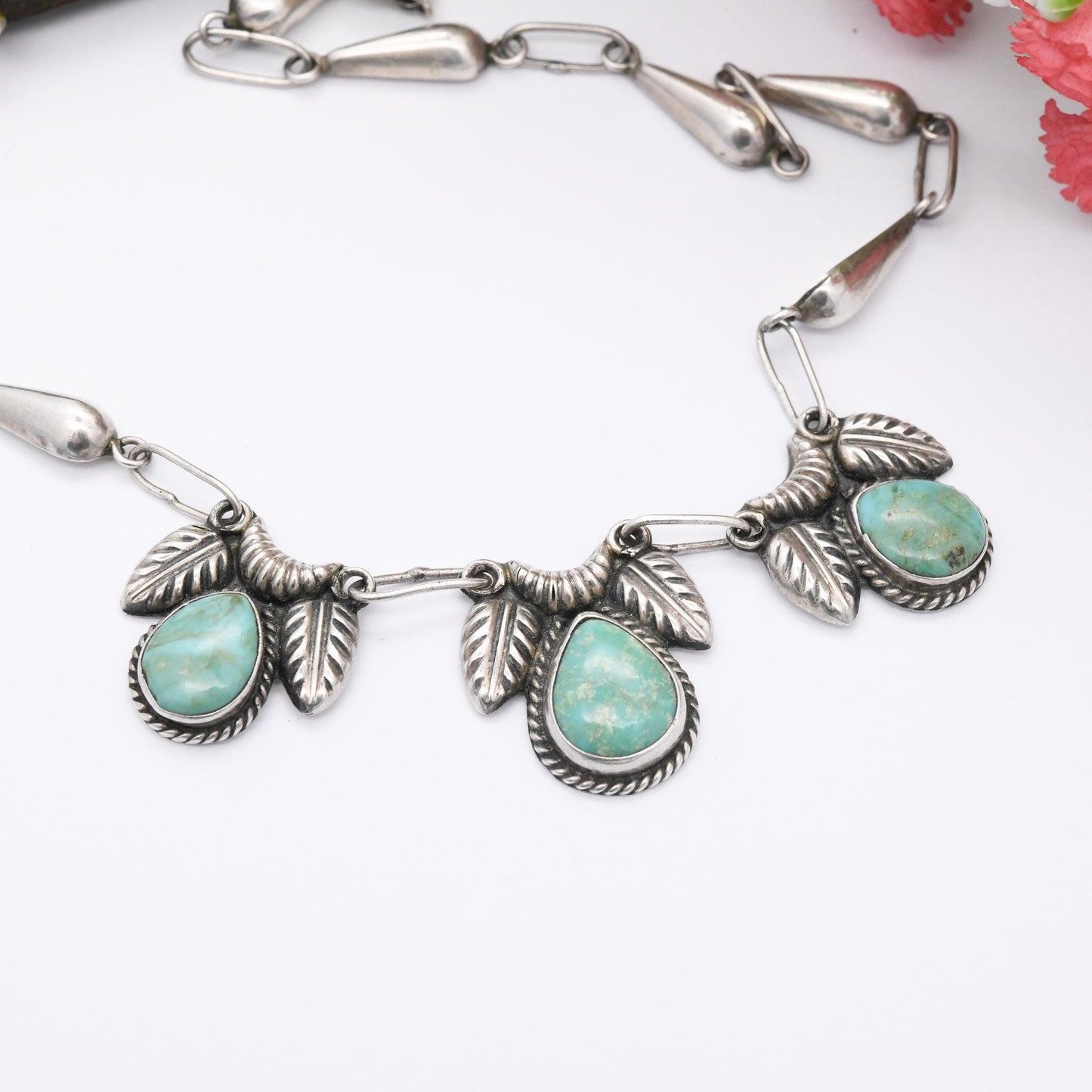 Vintage Sterling Silver Turquoise Necklace with Teardrop Gemstones Signed GCOI c. 1970s - Cabochon Integral Pendants Large Blue Stones