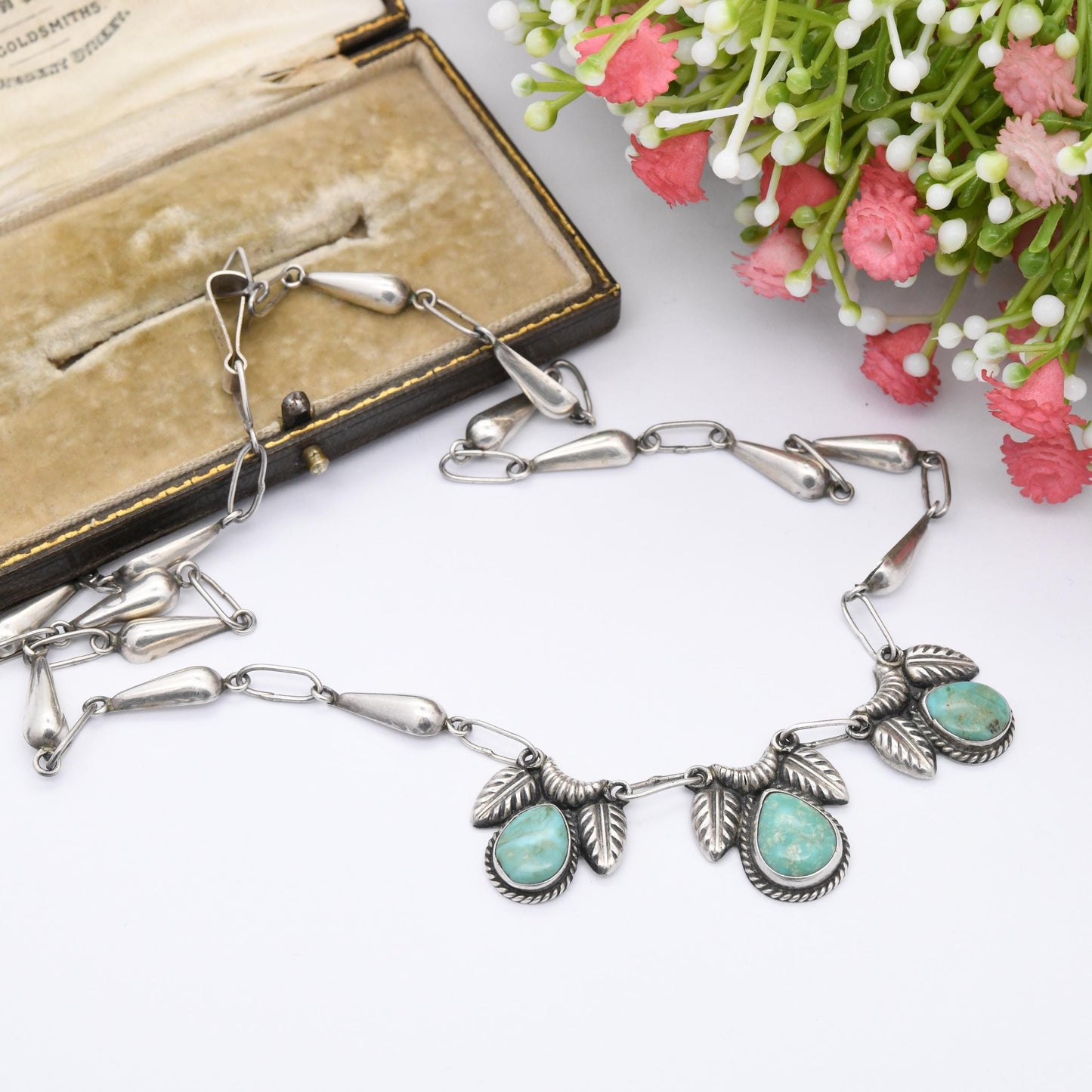 Vintage Sterling Silver Turquoise Necklace with Teardrop Gemstones Signed GCOI c. 1970s - Cabochon Integral Pendants Large Blue Stones