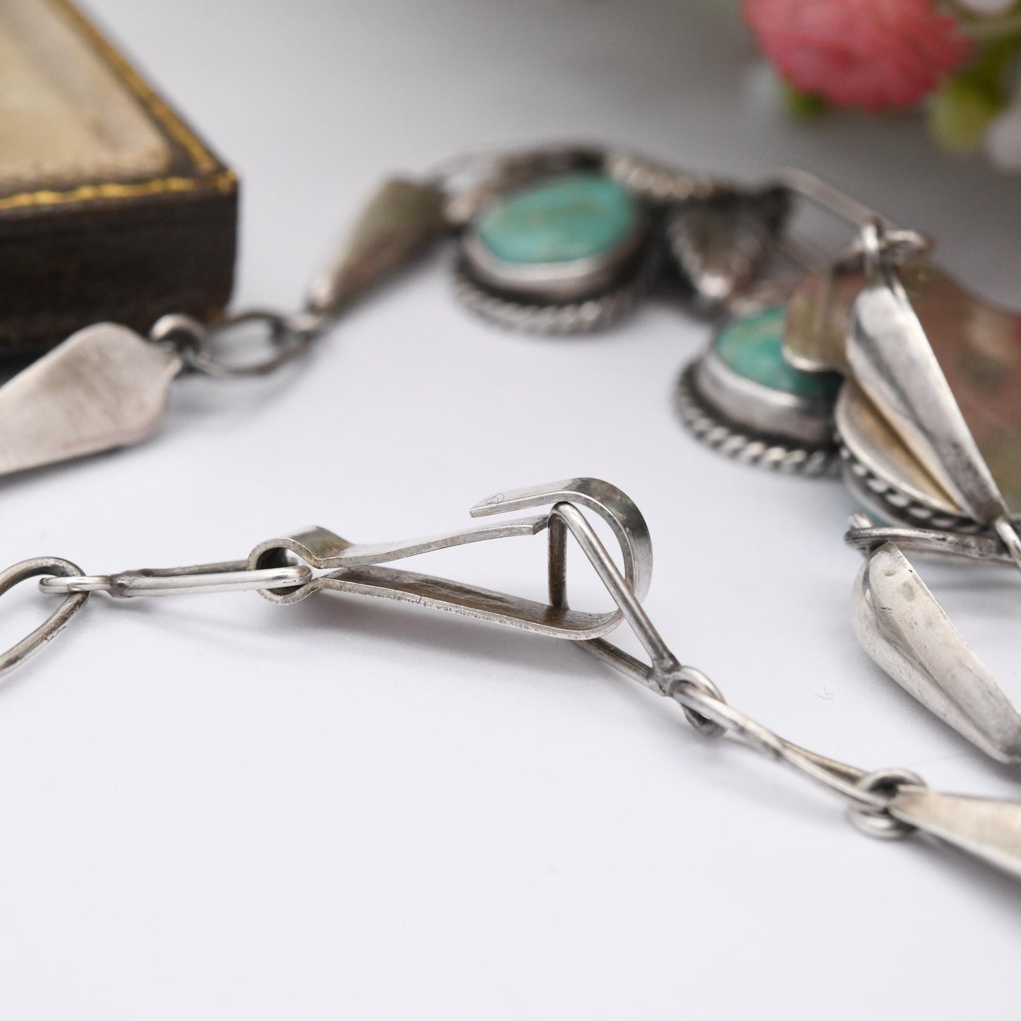 Vintage Sterling Silver Turquoise Necklace with Teardrop Gemstones Signed GCOI c. 1970s - Cabochon Integral Pendants Large Blue Stones