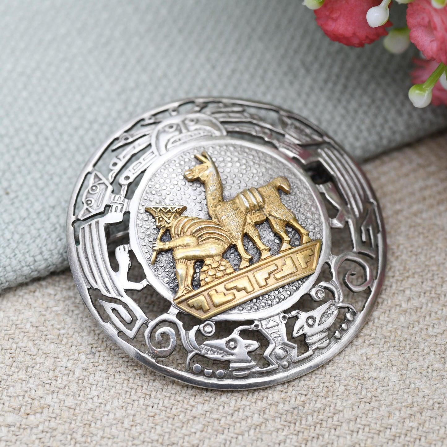 Vintage Peru Sterling Silver Man and Llama Brooch Pendant PMD - Peruvian Silver Jewellery South American Design Musician Flute Player Alpaca