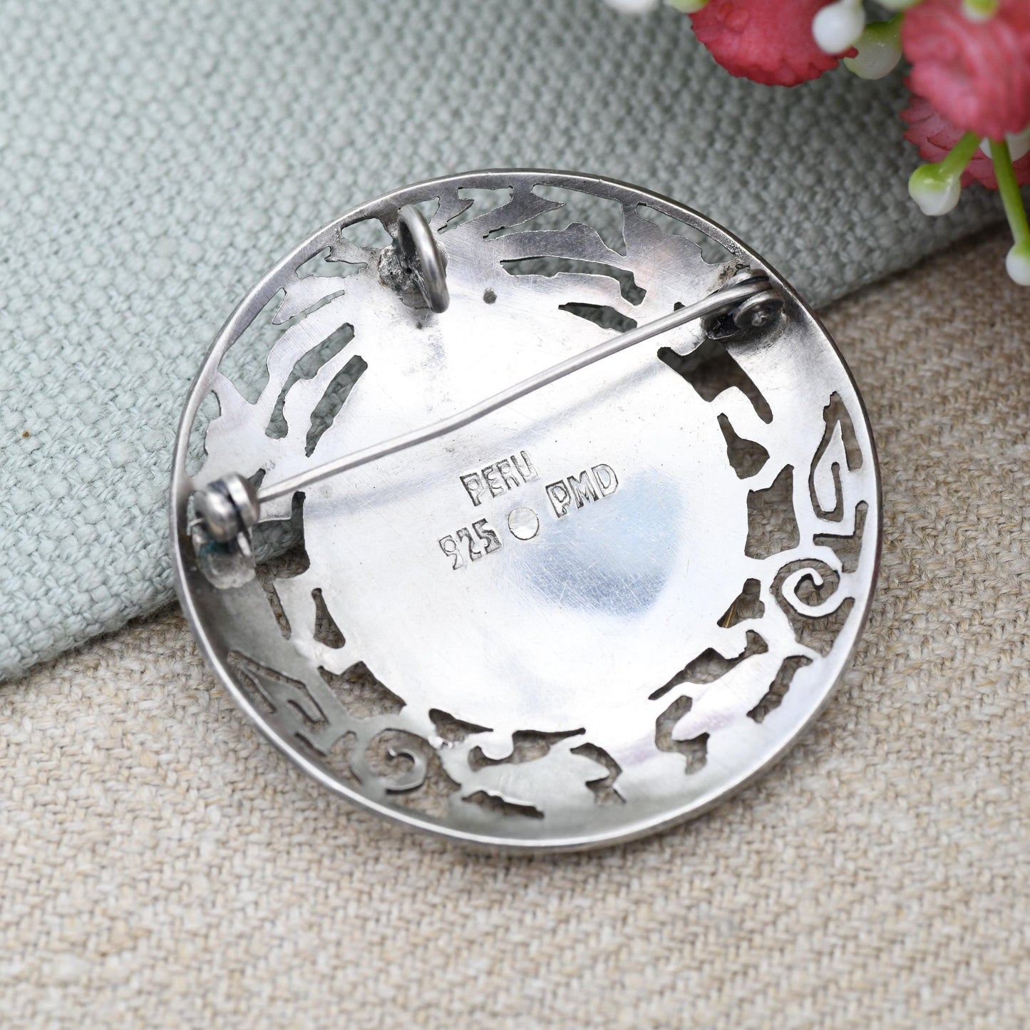 Vintage Peru Sterling Silver Man and Llama Brooch Pendant PMD - Peruvian Silver Jewellery South American Design Musician Flute Player Alpaca