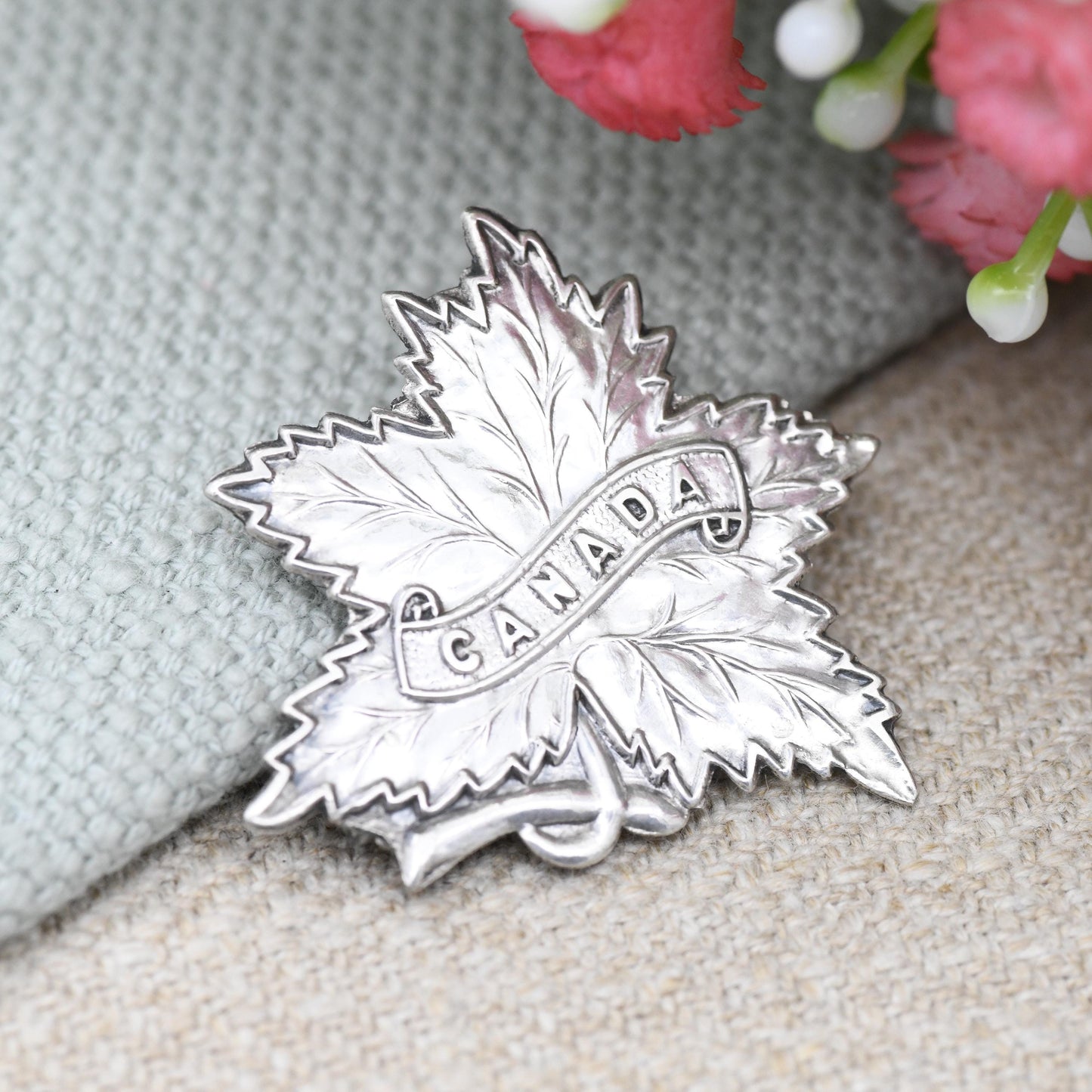 Antique Sterling Silver Canada Maple Leaf Souvenir Brooch 1916 by Pearce & Thompson - Silver Canadian Souvenir Gift