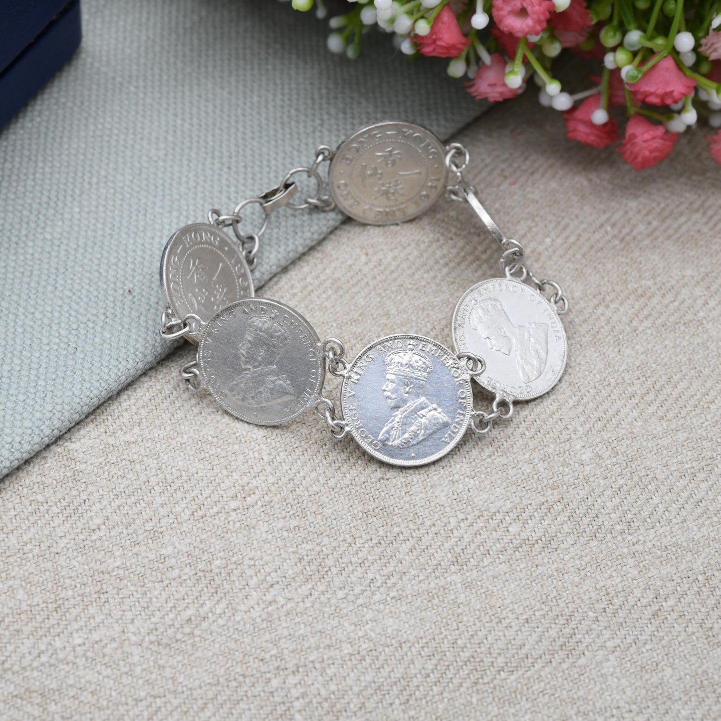 Vintage Hong Kong One Cent Coin Bracelet 1931 1934 - George V King and Emperor | Small Type Chinese Coin Souvenir Jewellery | Silver Plated