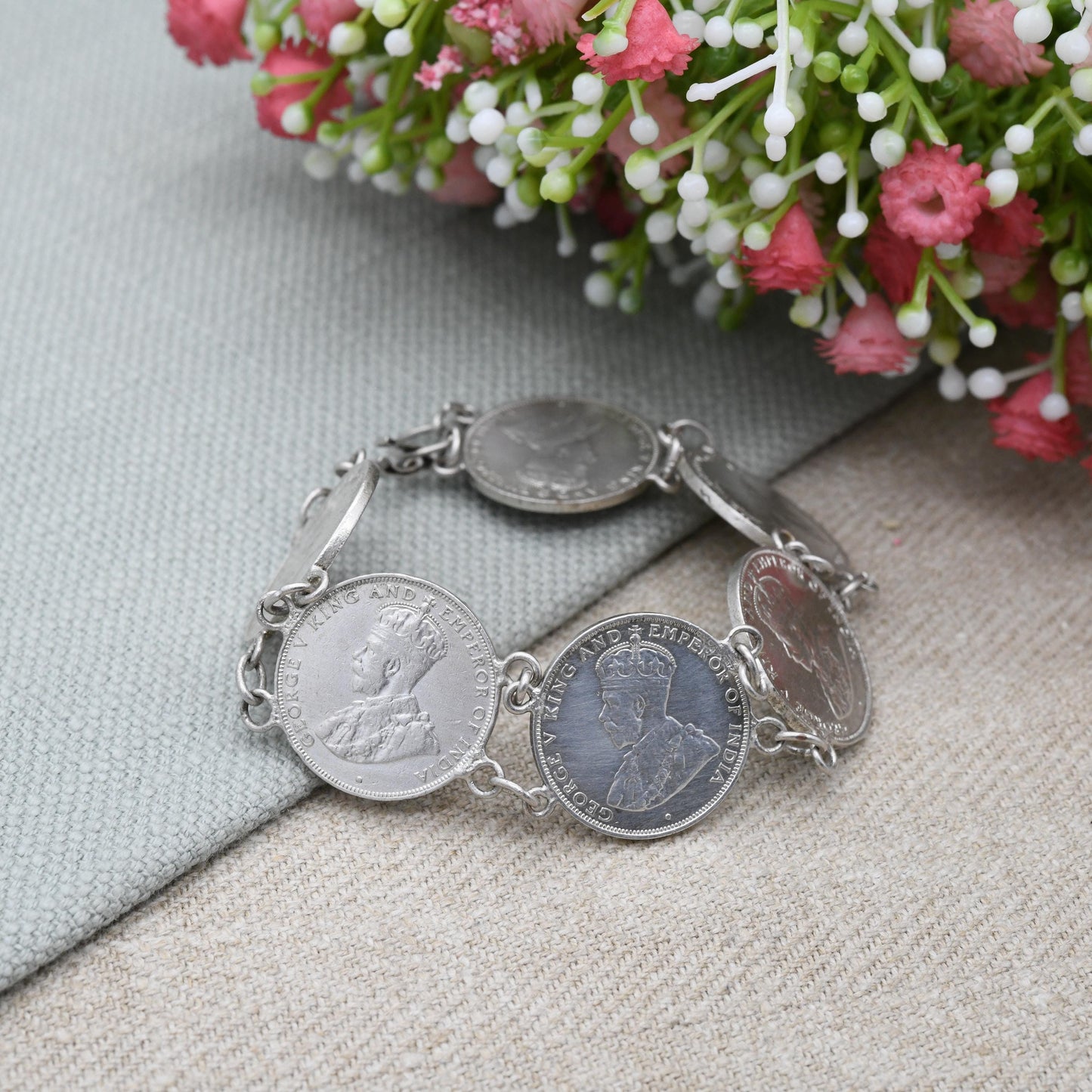 Vintage Hong Kong One Cent Coin Bracelet 1931 1934 - George V King and Emperor | Small Type Chinese Coin Souvenir Jewellery | Silver Plated