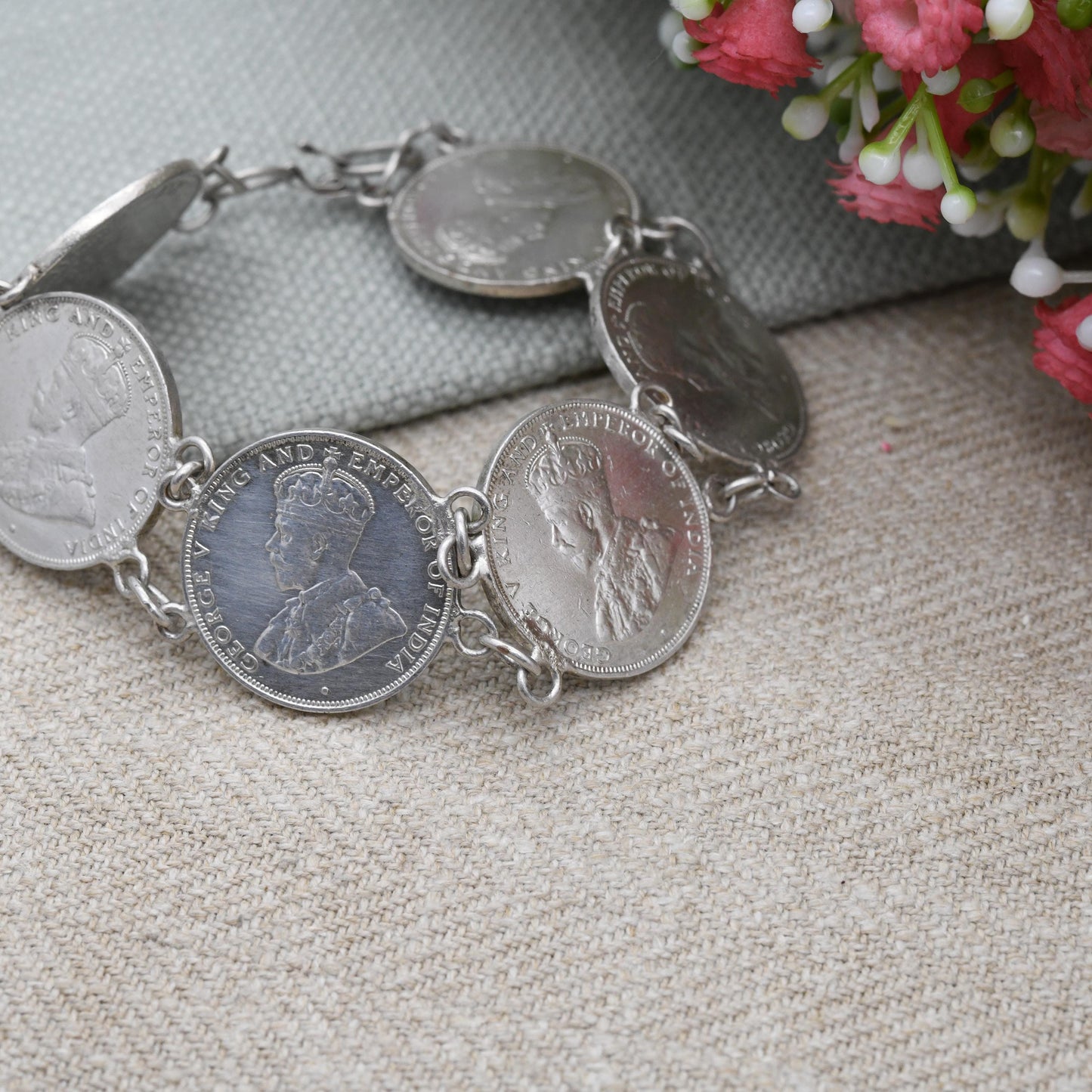 Vintage Hong Kong One Cent Coin Bracelet 1931 1934 - George V King and Emperor | Small Type Chinese Coin Souvenir Jewellery | Silver Plated