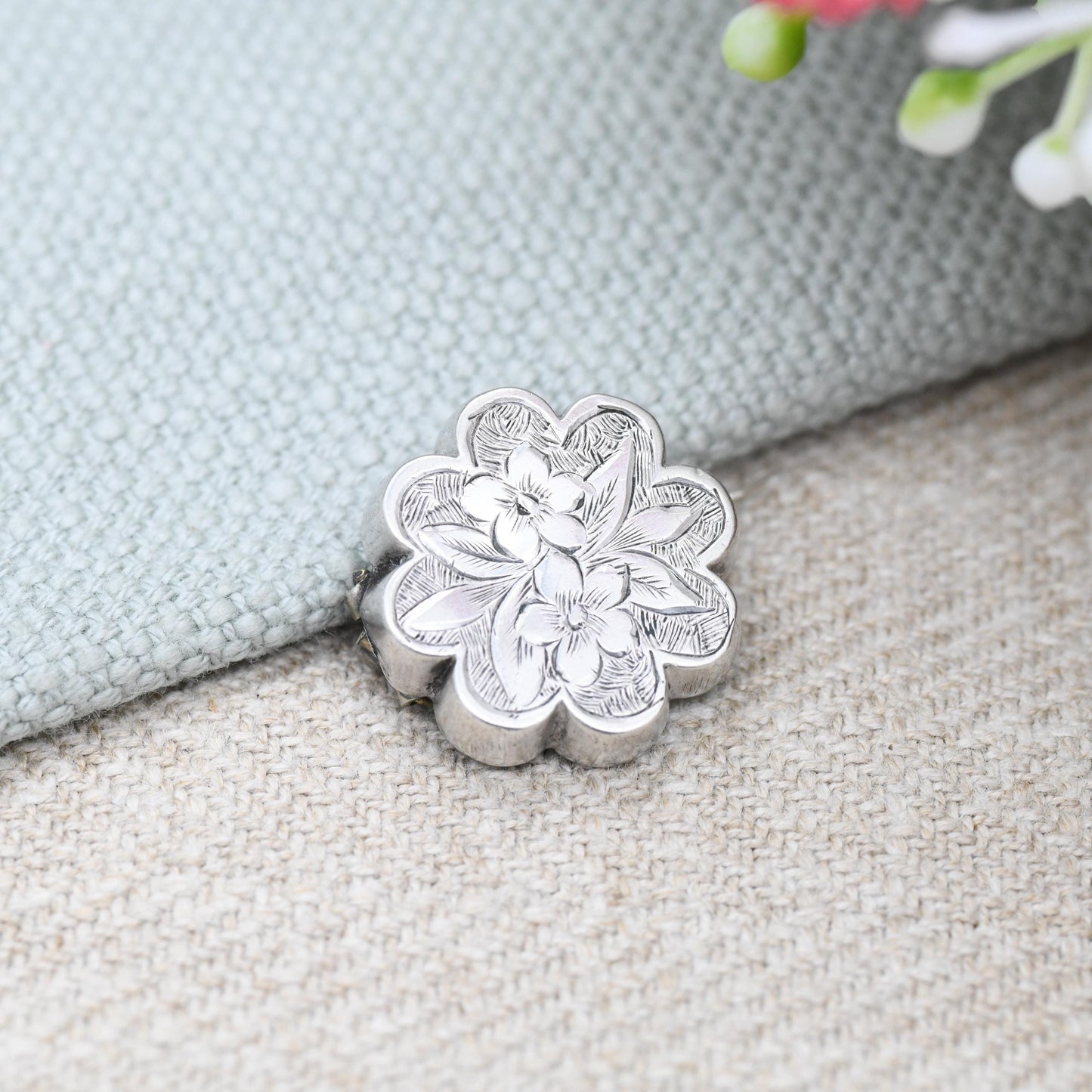 Antique Victorian Silver Aesthetic Movement Flower Brooch - Small Pin Pretty Hand Engraved Floral Design | Extended Pin