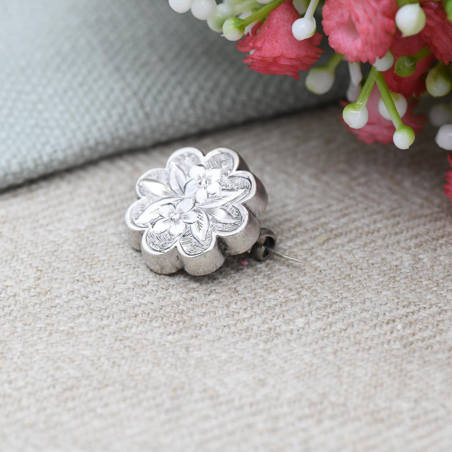 Antique Victorian Silver Aesthetic Movement Flower Brooch - Small Pin Pretty Hand Engraved Floral Design | Extended Pin