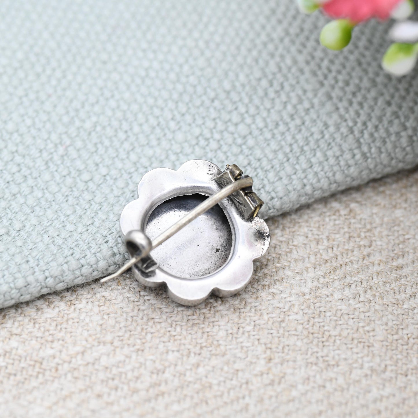Antique Victorian Silver Aesthetic Movement Flower Brooch - Small Pin Pretty Hand Engraved Floral Design | Extended Pin