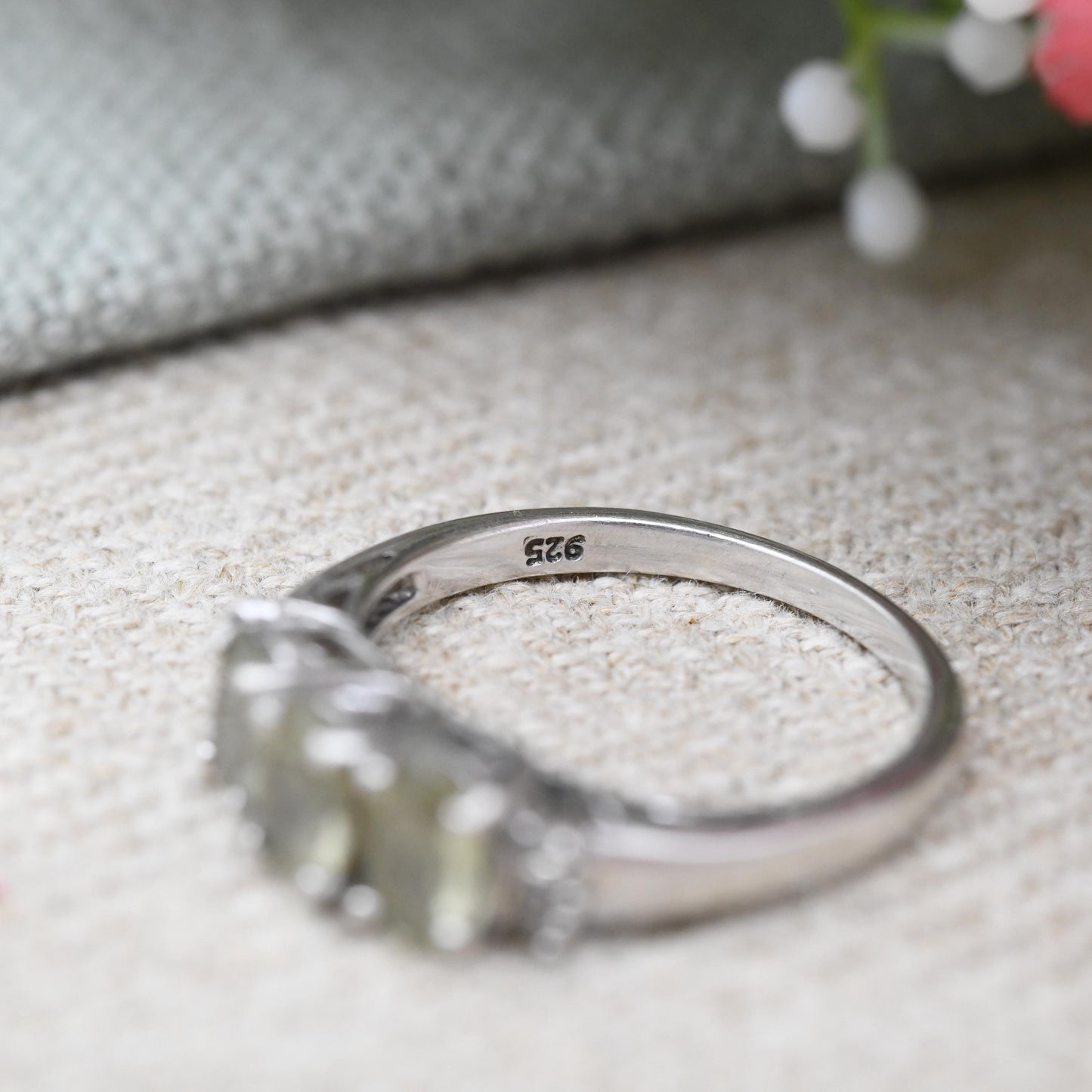 Vintage Sterling Silver Peridot Trilogy Ring Three Stone with Diamond Side Stones - Pretty Green Gemstone | UK Size - M 1/2 US Size - 6 1/2