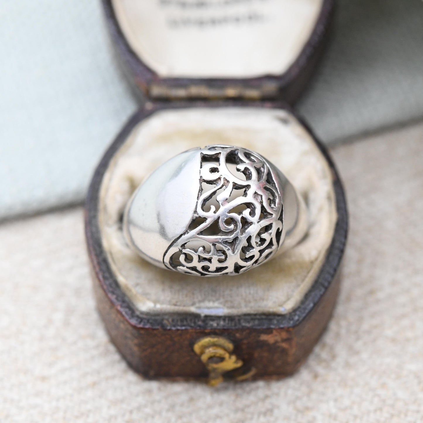 Vintage Israel Sterling Silver Domed Ring with Openwork Scrolling Design - Chunky Mid-Century Israeli | UK Size - O 1/2 | US Size - 7 1/2
