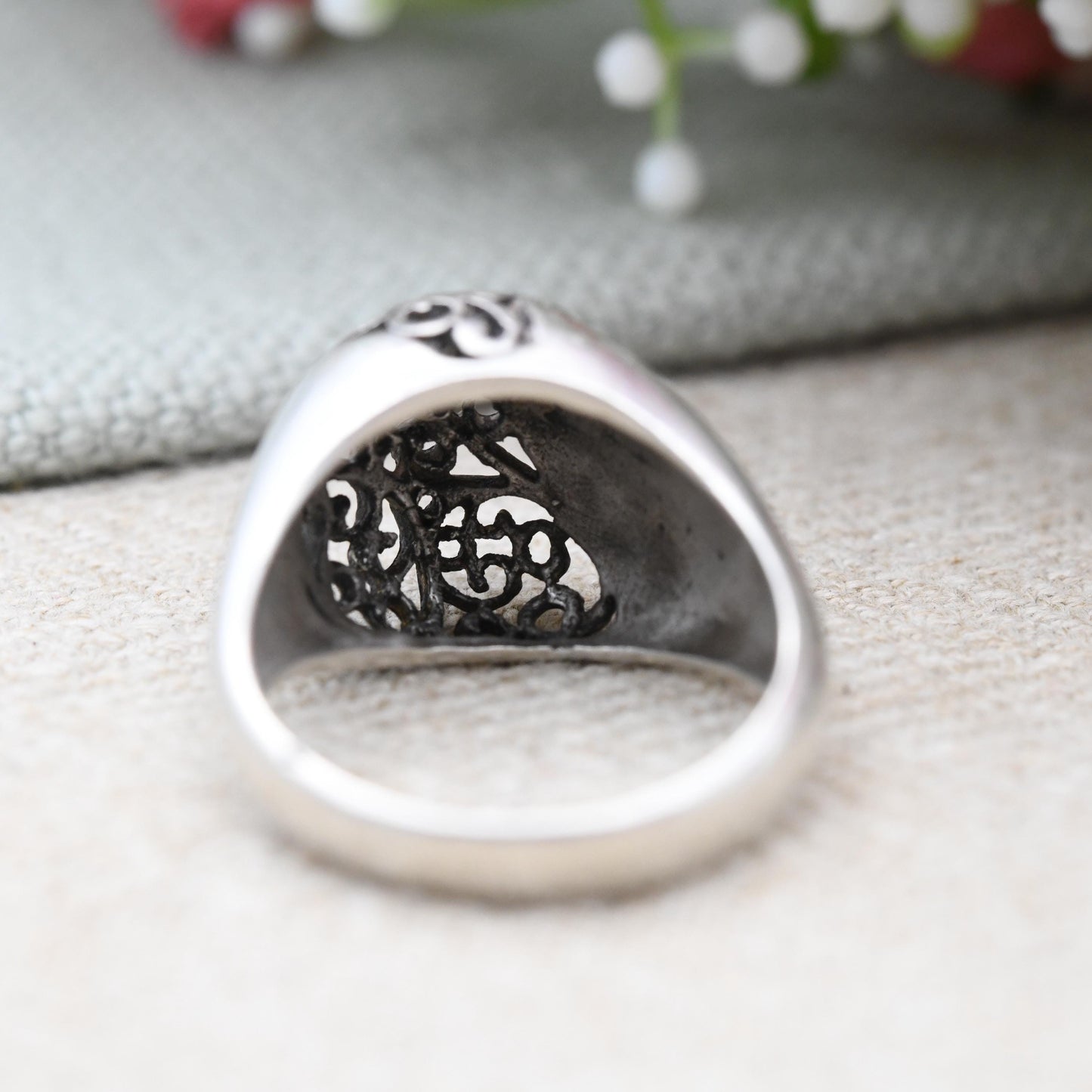 Vintage Israel Sterling Silver Domed Ring with Openwork Scrolling Design - Chunky Mid-Century Israeli | UK Size - O 1/2 | US Size - 7 1/2