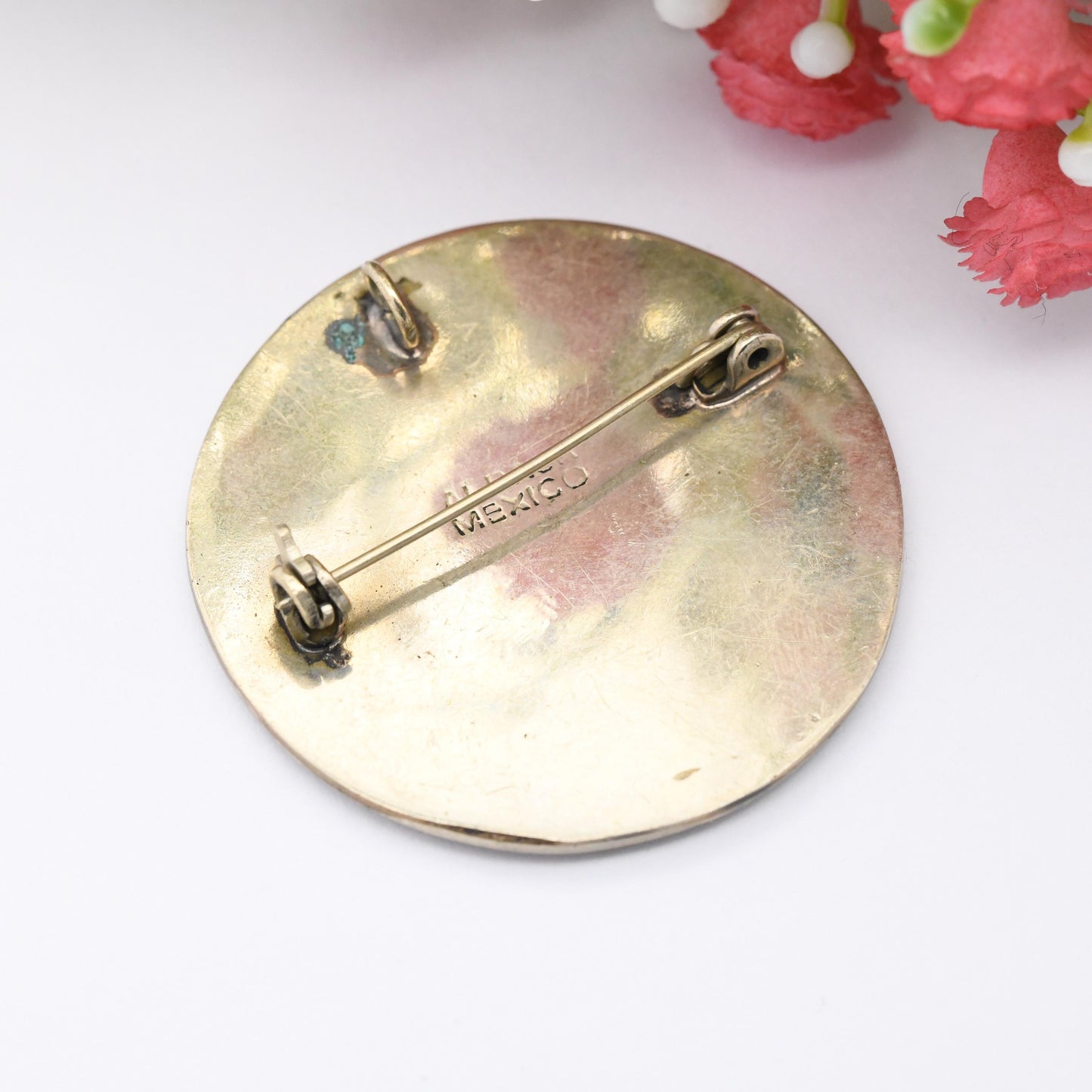 Vintage Alpaca Inlaid Shell Brooch Pendant Beach Scene Palm Tree Flying Birds - Abalone Paua Shell Mother of Pearl Mexico Costume Jewellery