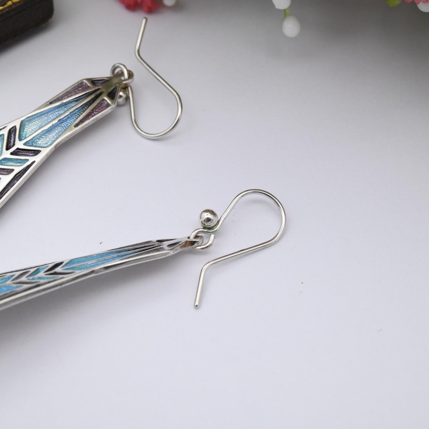 Vintage Ortak Sterling Silver Enamel Drop Earrings by Malcolm Gray - Dramatic Blue Purple Enamel Scottish Silver Jewellery Art Nouveau Style