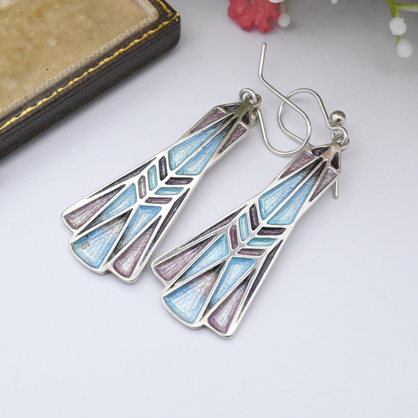 Vintage Ortak Sterling Silver Enamel Drop Earrings by Malcolm Gray - Dramatic Blue Purple Enamel Scottish Silver Jewellery Art Nouveau Style