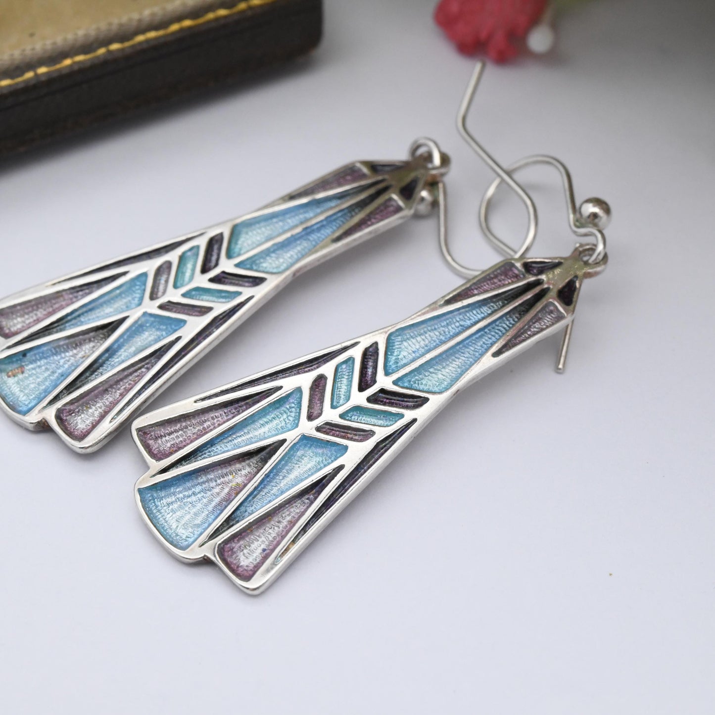 Vintage Ortak Sterling Silver Enamel Drop Earrings by Malcolm Gray - Dramatic Blue Purple Enamel Scottish Silver Jewellery Art Nouveau Style